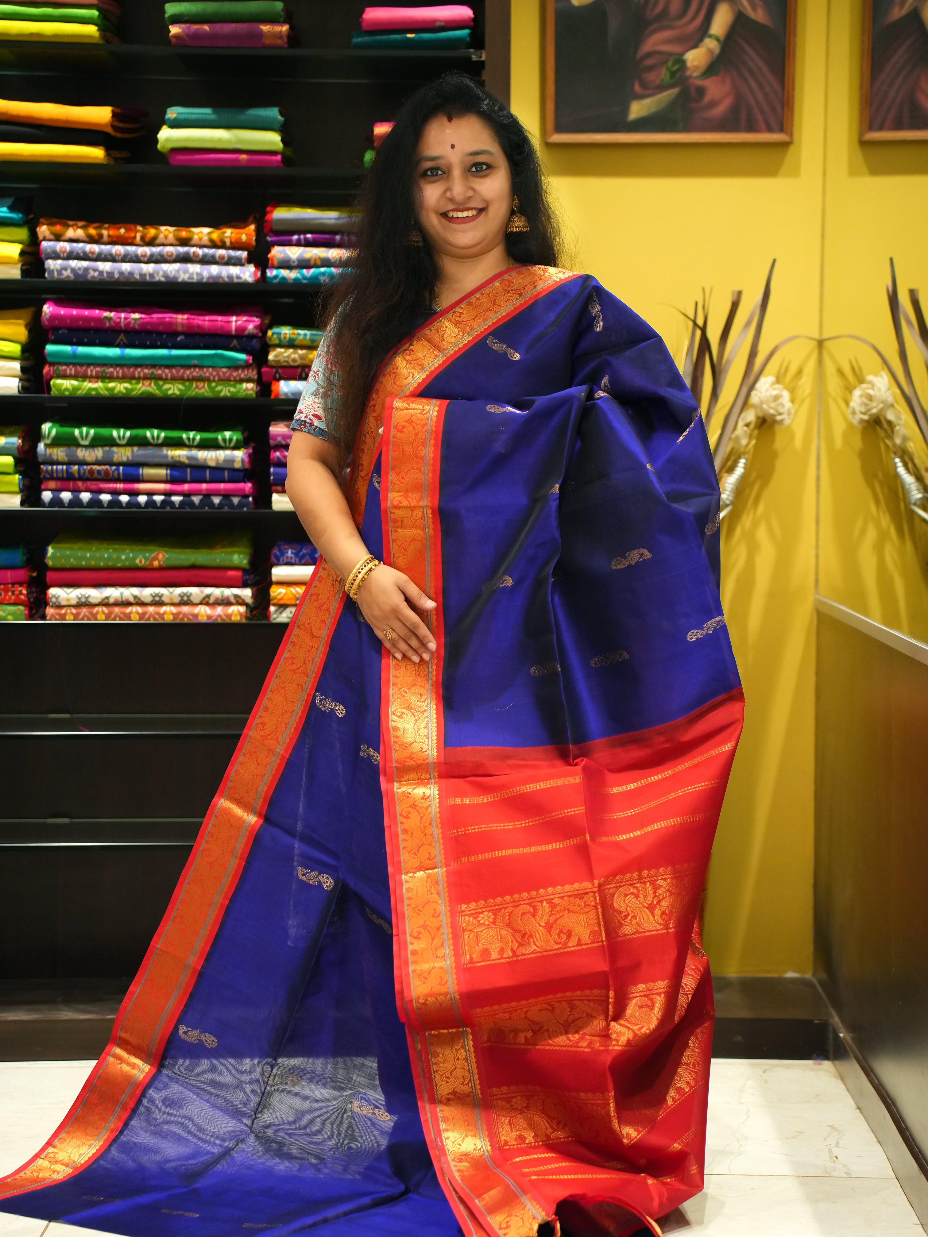 Blue & Red - Silk Cotton Saree - Shop on ShrusEternity.com