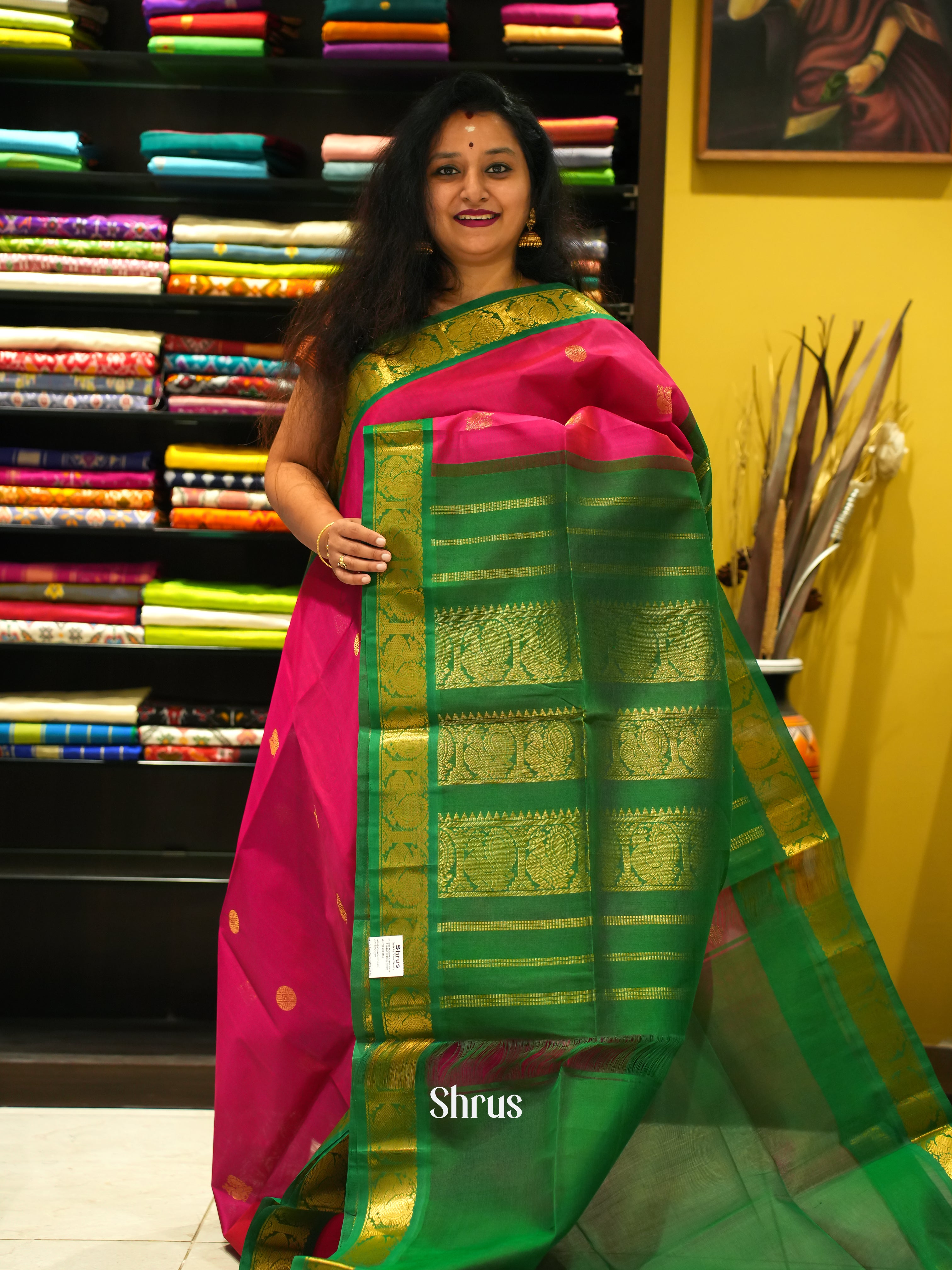 Pink & Green - Silk Cotton Saree - Shop on ShrusEternity.com