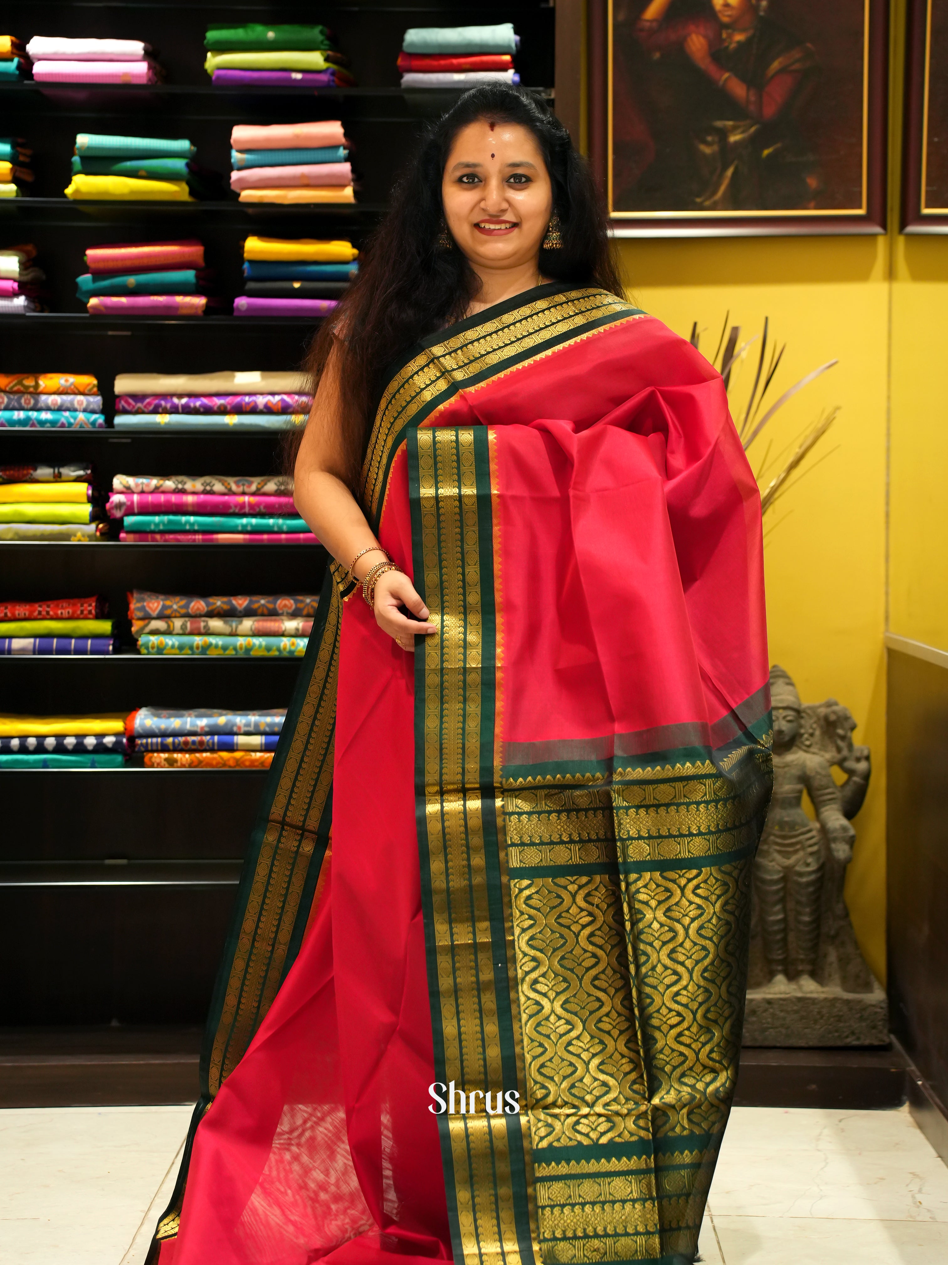 Red & Green - Silk Cotton Saree - Shop on ShrusEternity.com