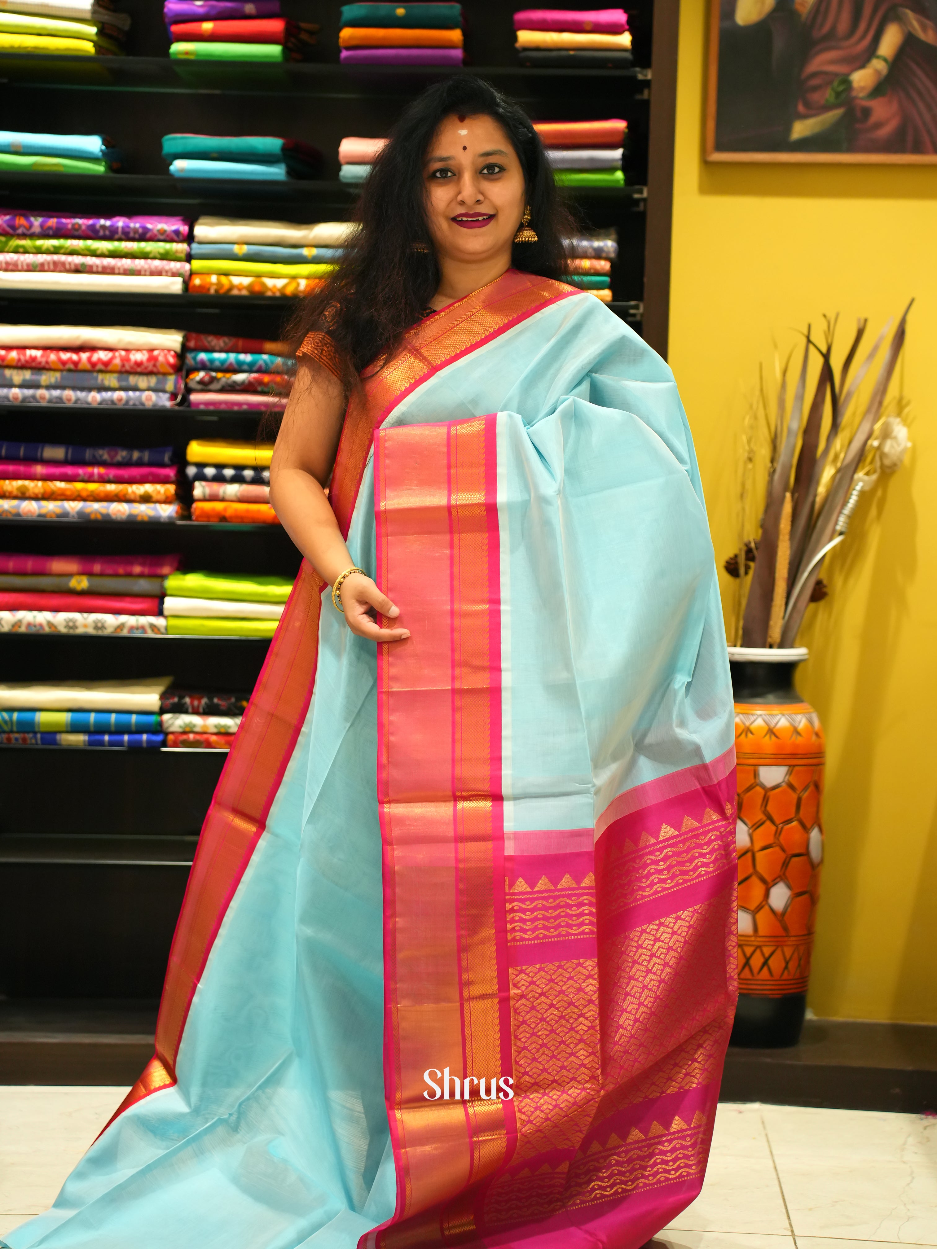 Blue & Pink - Silk Cotton Saree - Shop on ShrusEternity.com