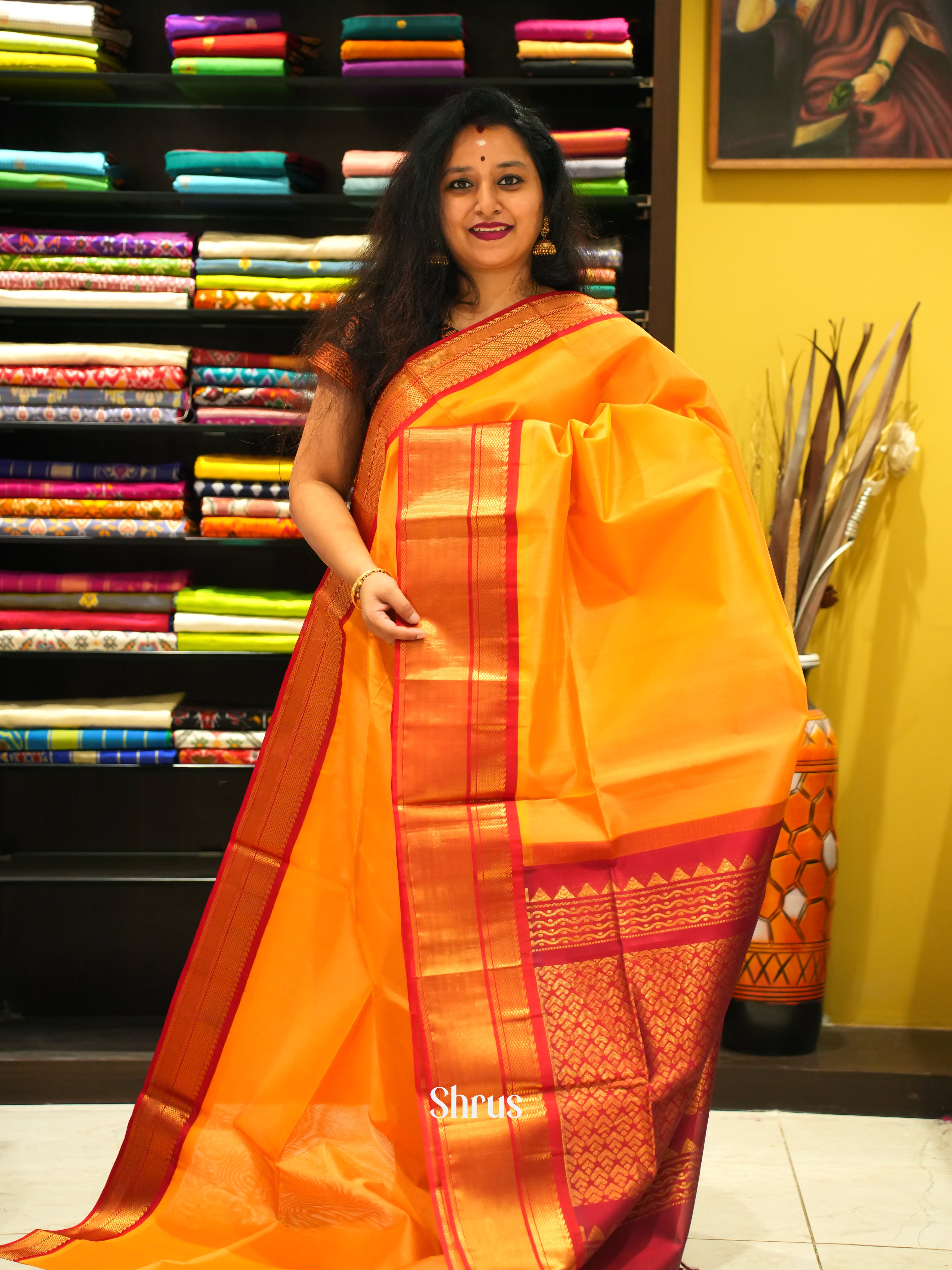 Yellow & Red - Silk Cotton Saree - Shop on ShrusEternity.com