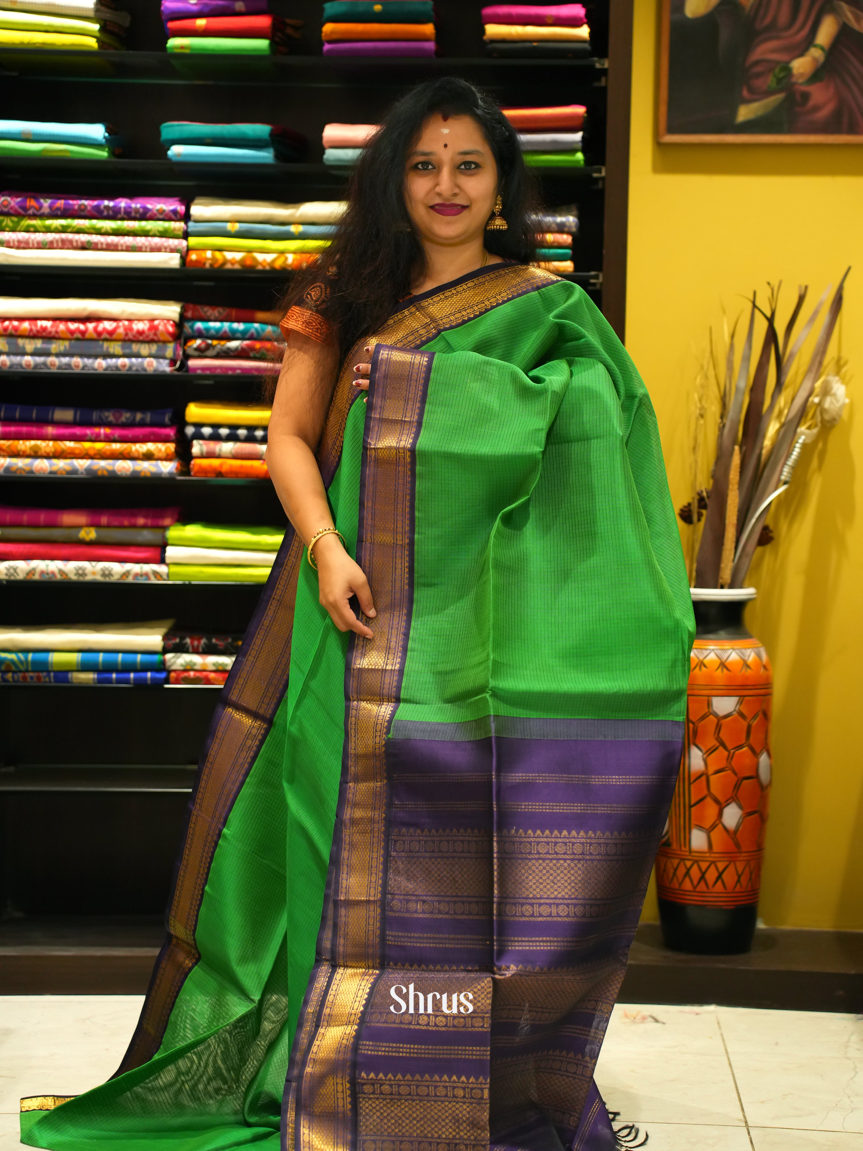 Green & Purple - Silk Cotton Saree - Shop on ShrusEternity.com