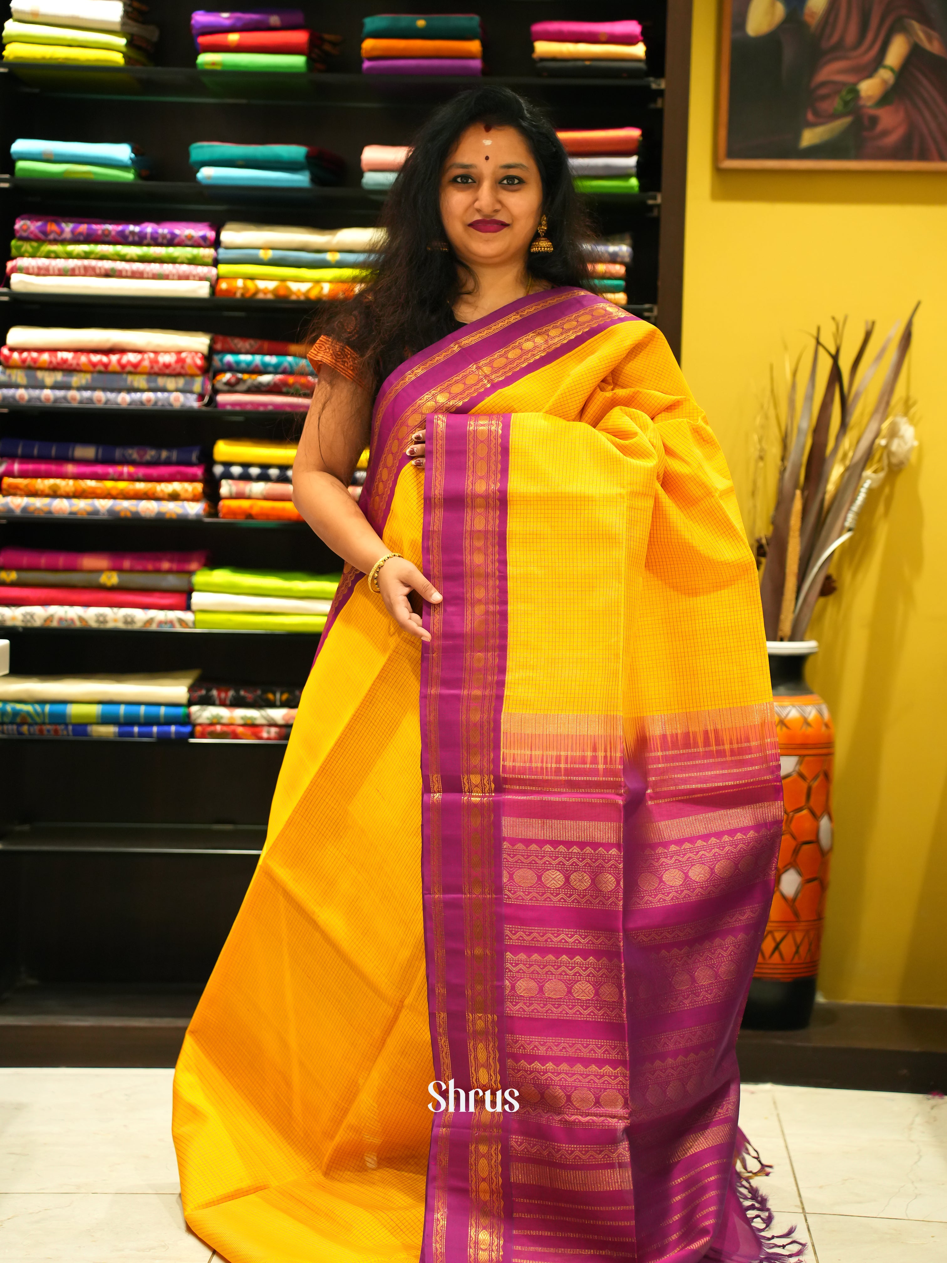 Yellow & Purple - Silk Cotton Saree - Shop on ShrusEternity.com