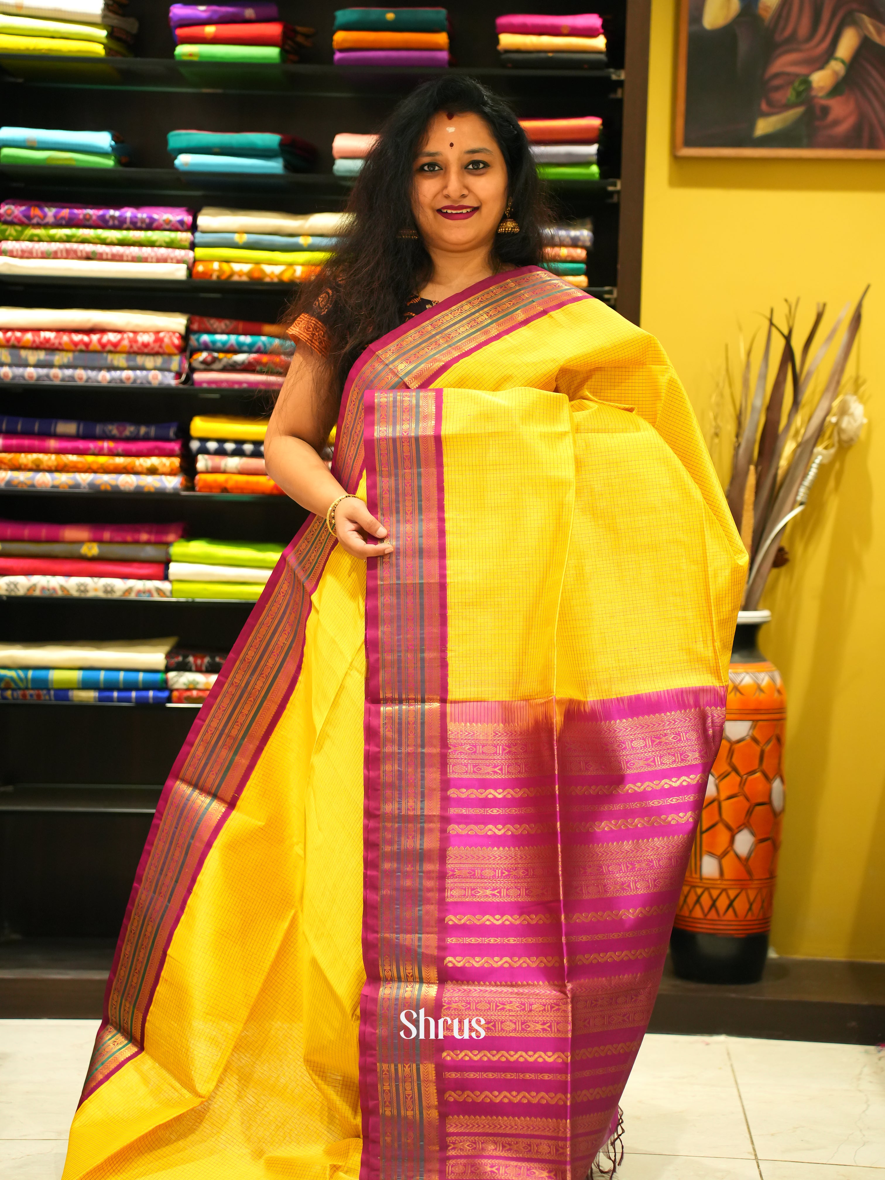 Yellow & Pink - Silk Cotton Saree - Shop on ShrusEternity.com