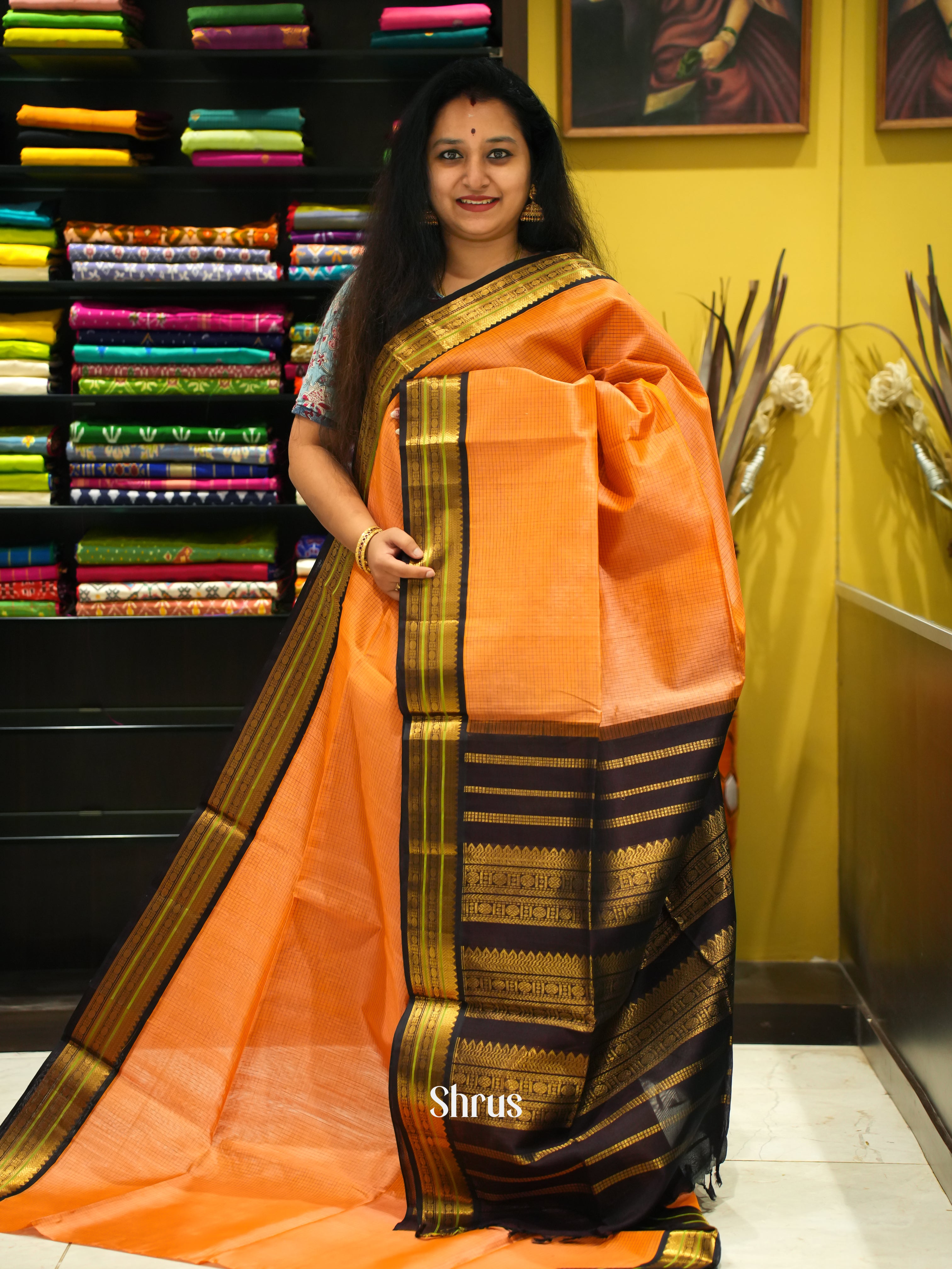 Orange & Dark Brown Silk Cotton Saree - Shop on ShrusEternity.com