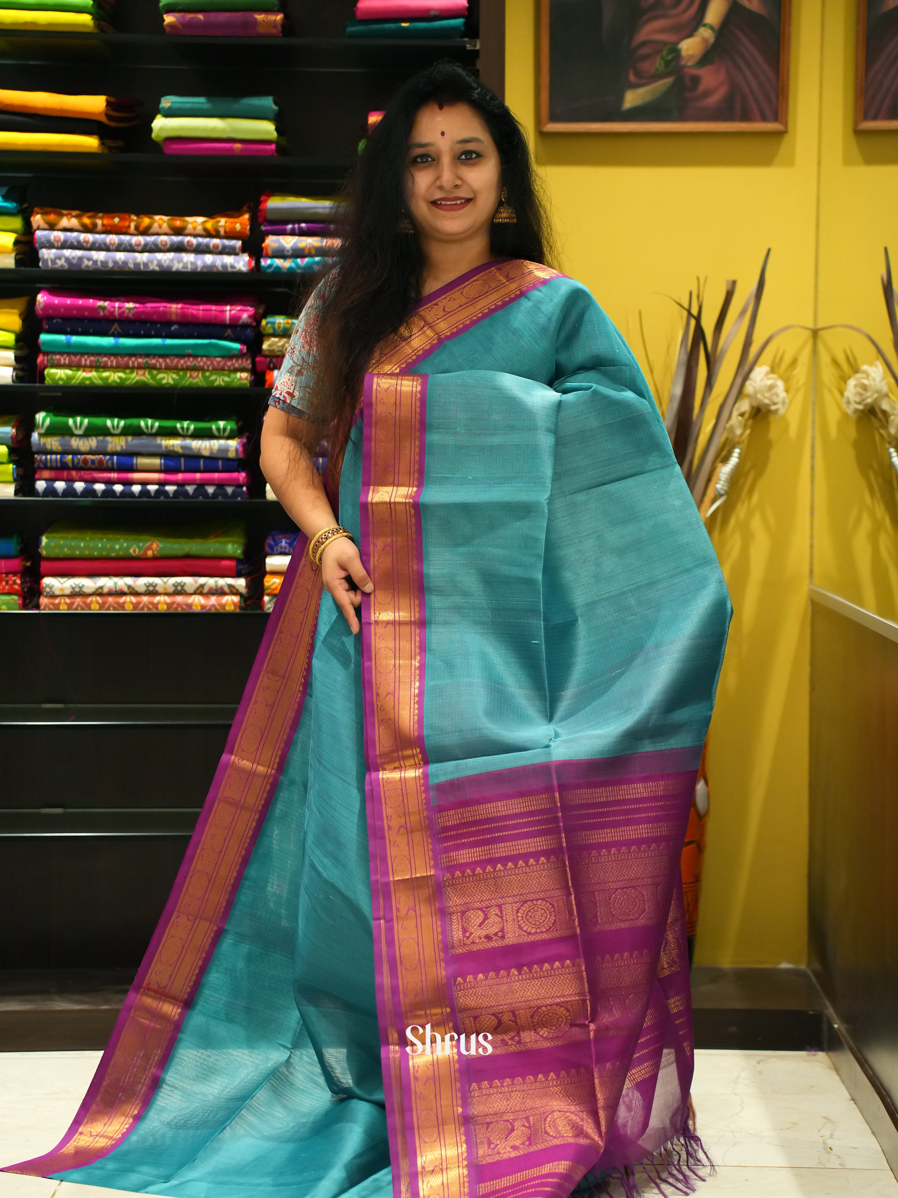 Blue & Purple - Silk Cotton Saree - Shop on ShrusEternity.com