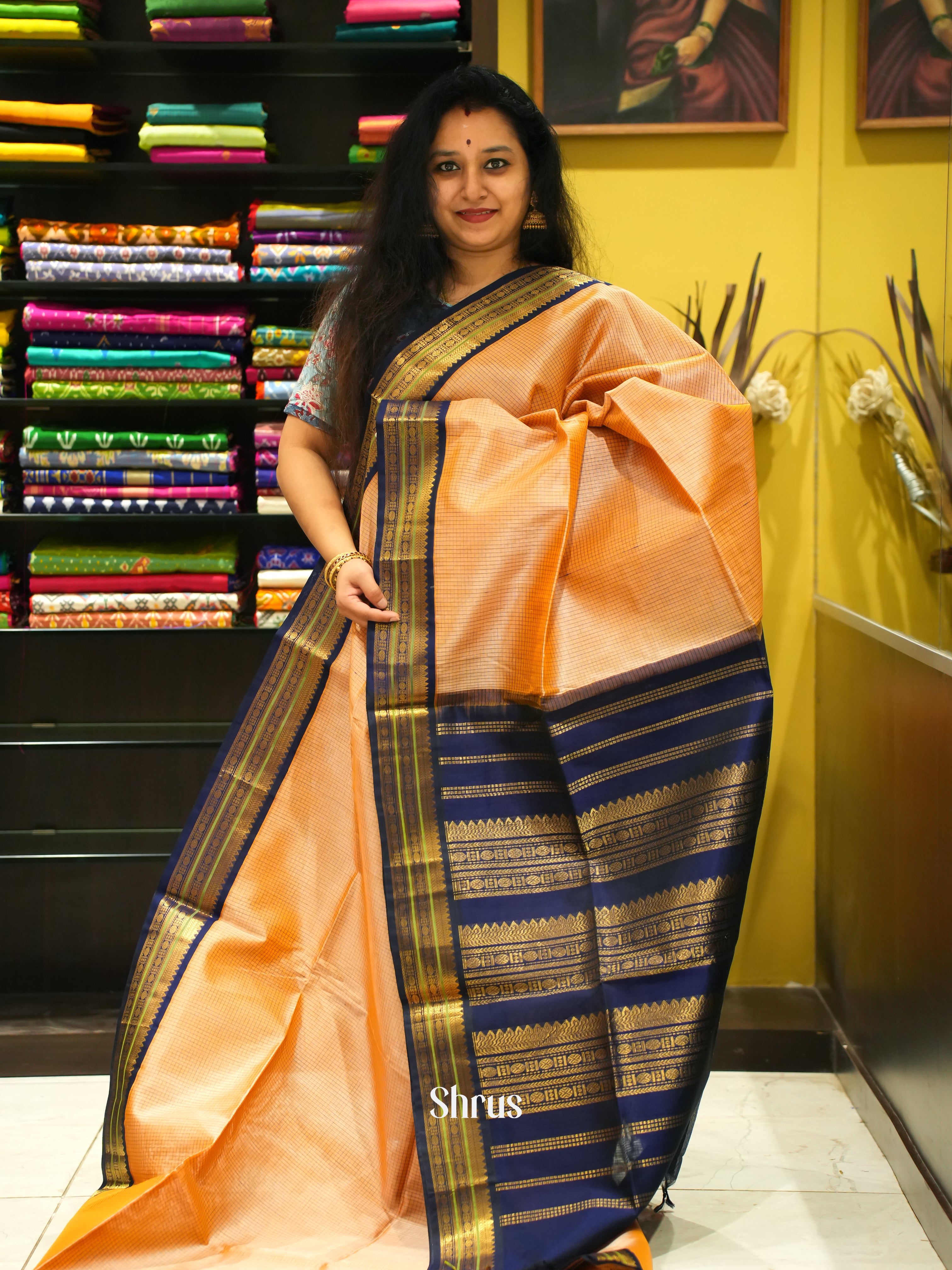 Peach & Blue - Silk Cotton Saree - Shop on ShrusEternity.com