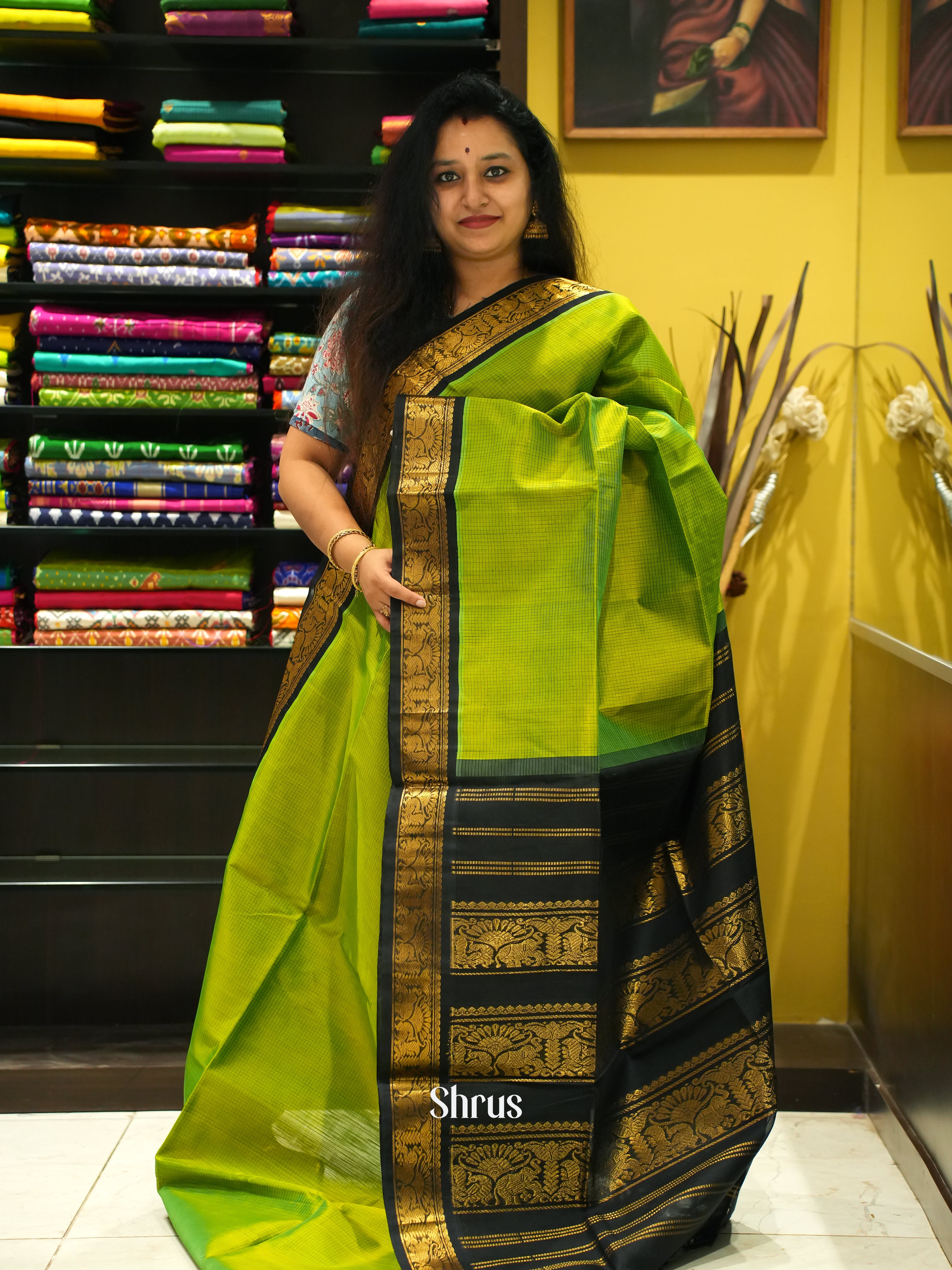 Light Green & Black - Silk Cotton Saree - Shop on ShrusEternity.com