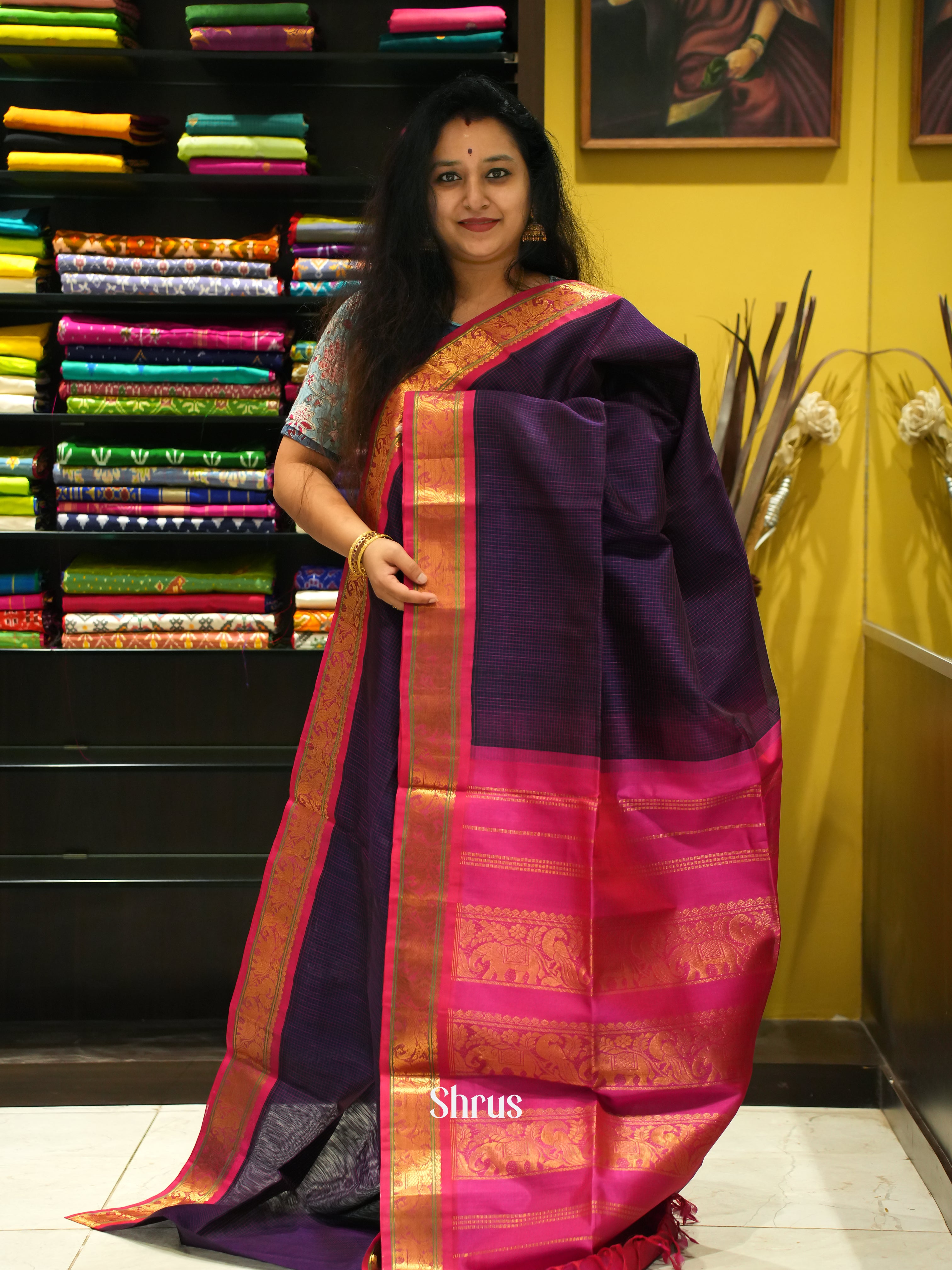 Violet & Pink - Silk Cotton Saree - Shop on ShrusEternity.com