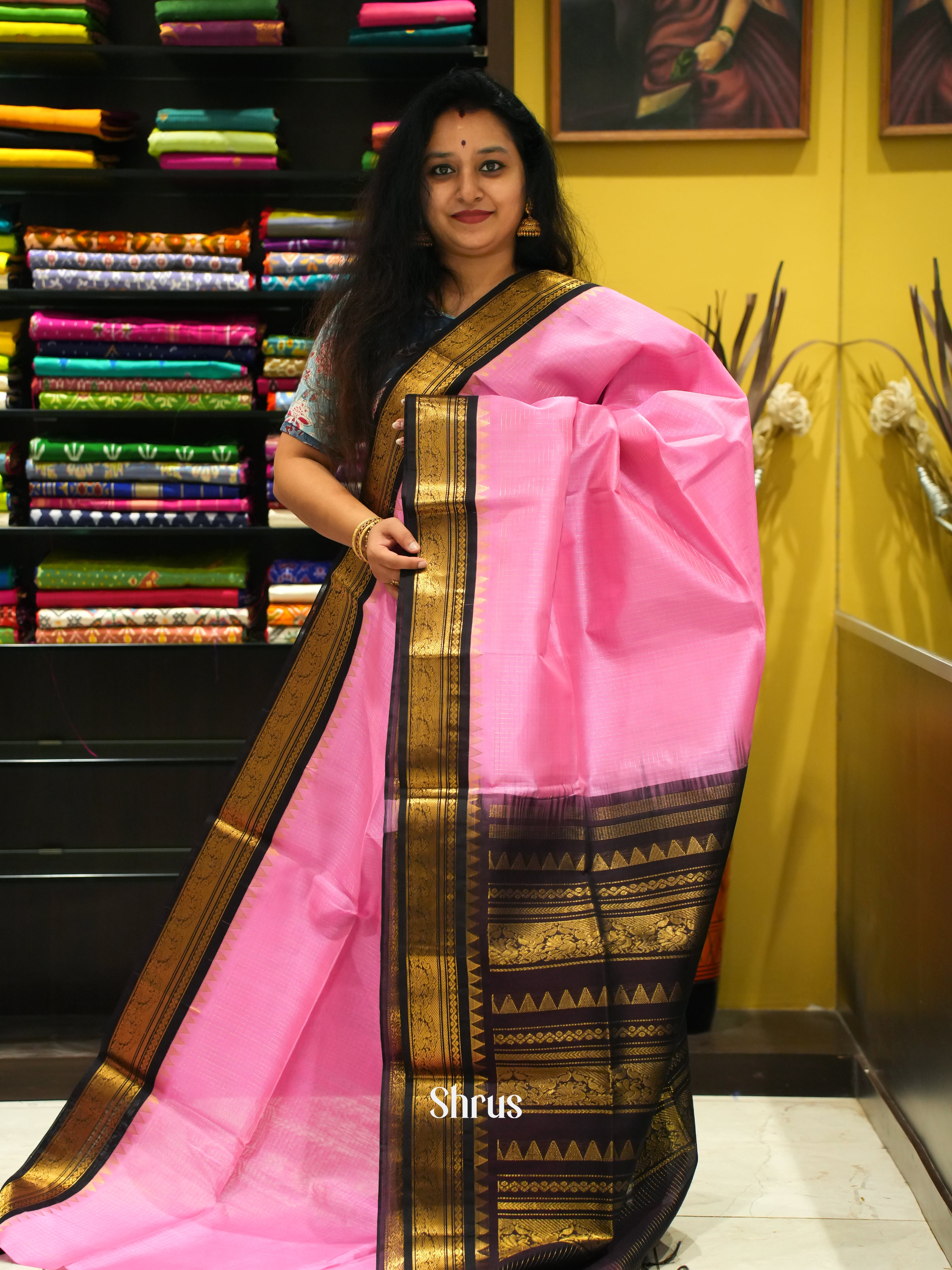 Pink & Black - Silk Cotton Saree - Shop on ShrusEternity.com