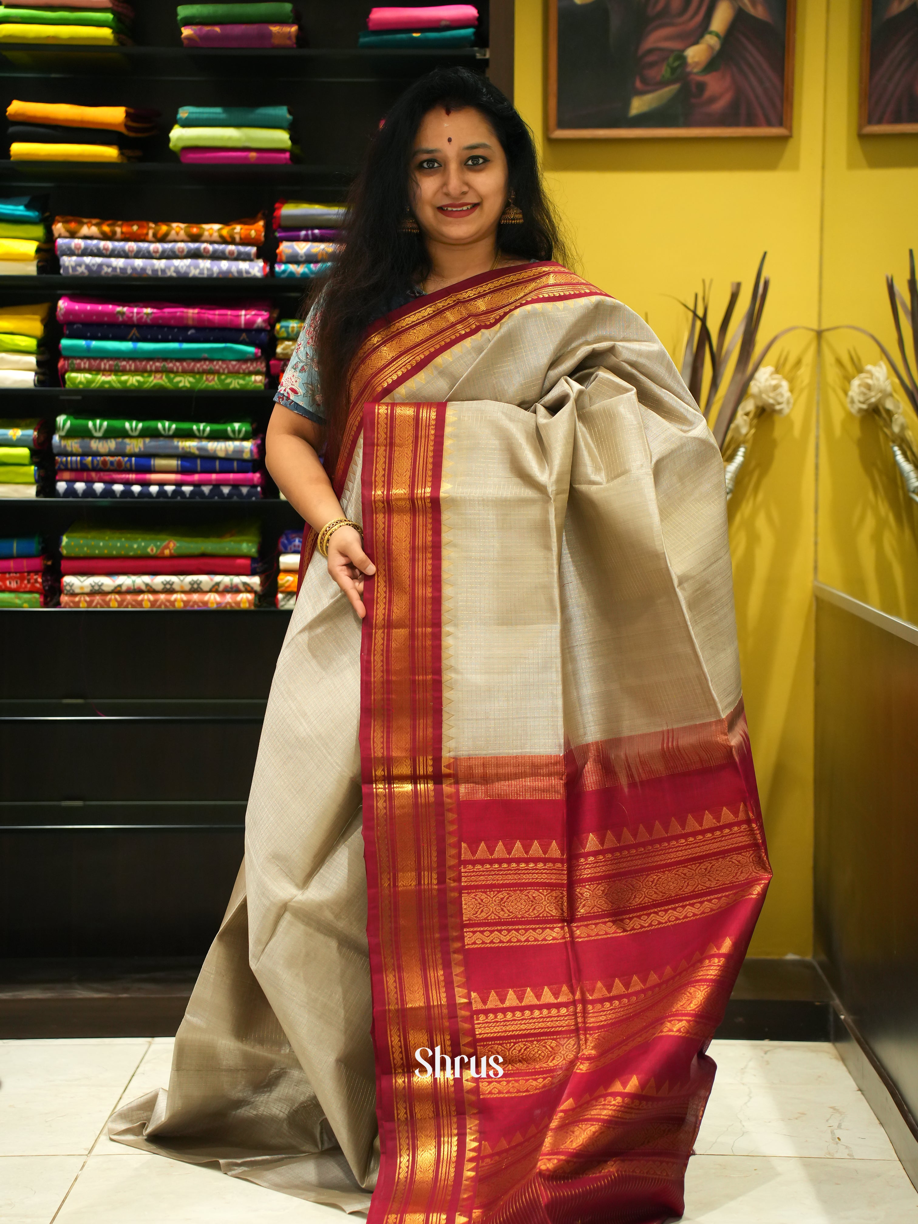 Grey & Maroon - Silk Cotton Saree - Shop on ShrusEternity.com