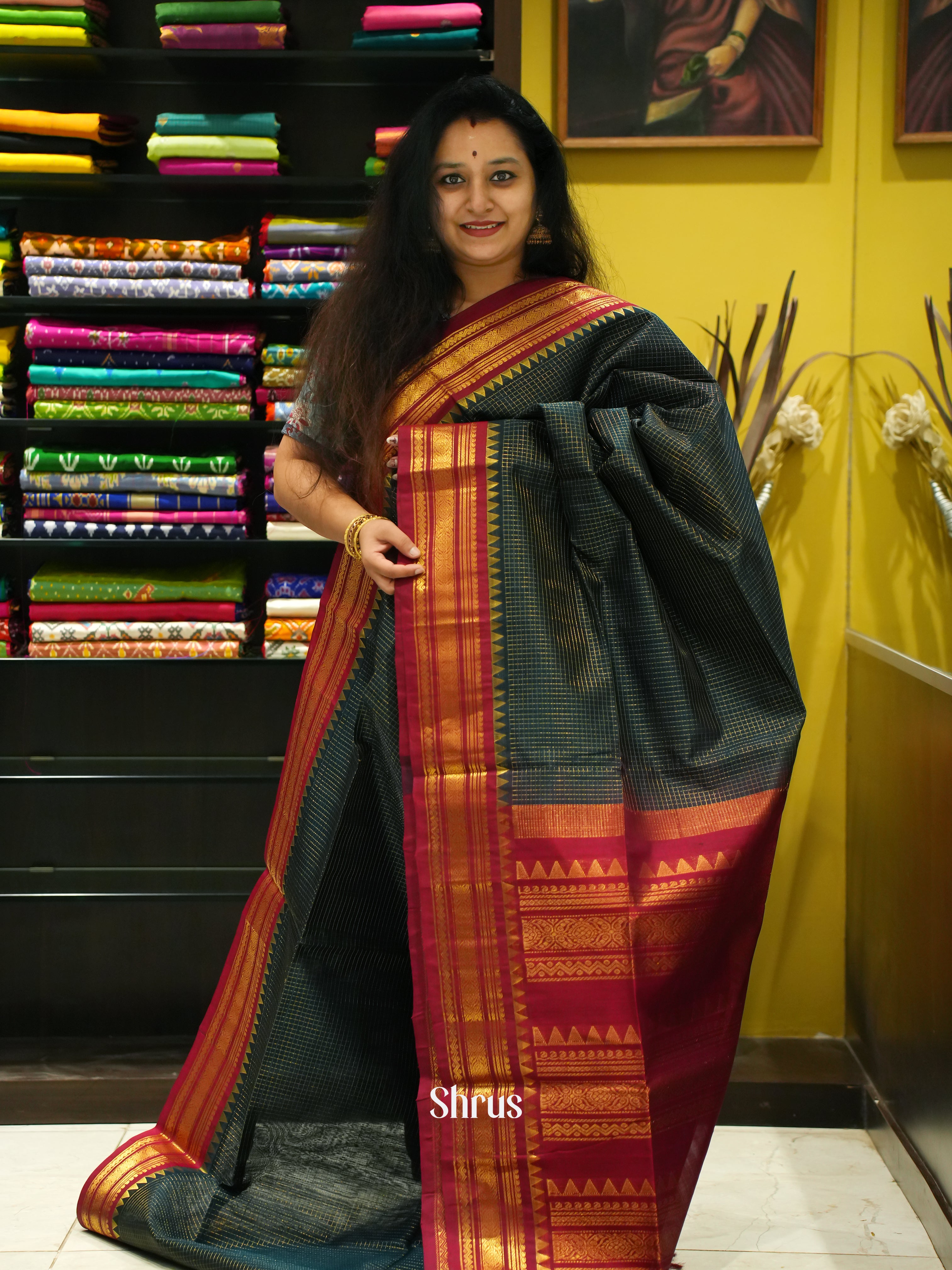Dark Green & Maroon - Silk Cotton Saree - Shop on ShrusEternity.com