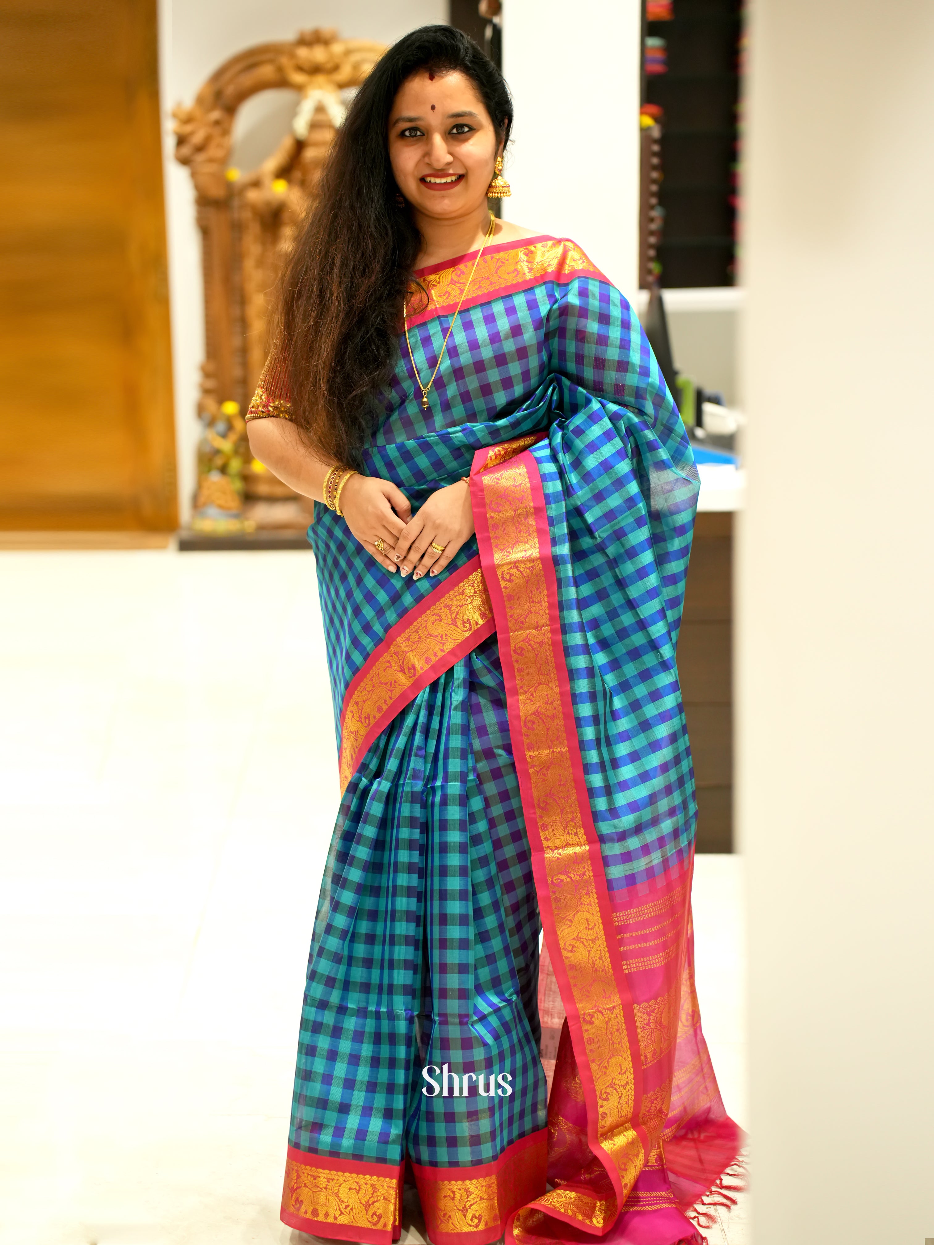 Blue & Pink - Silk Cotton Saree - Shop on ShrusEternity.com