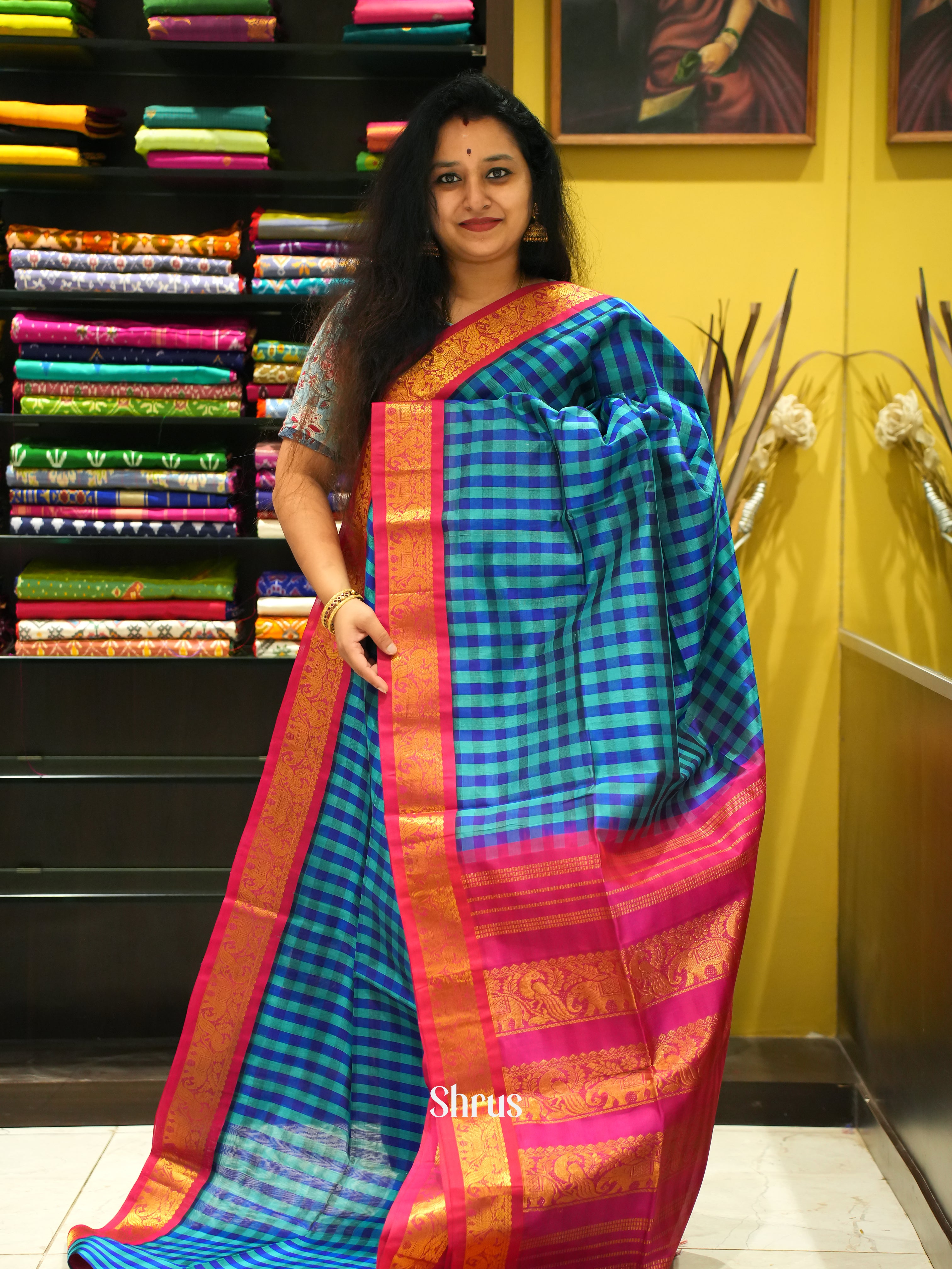 Blue & Pink - Silk Cotton Saree - Shop on ShrusEternity.com