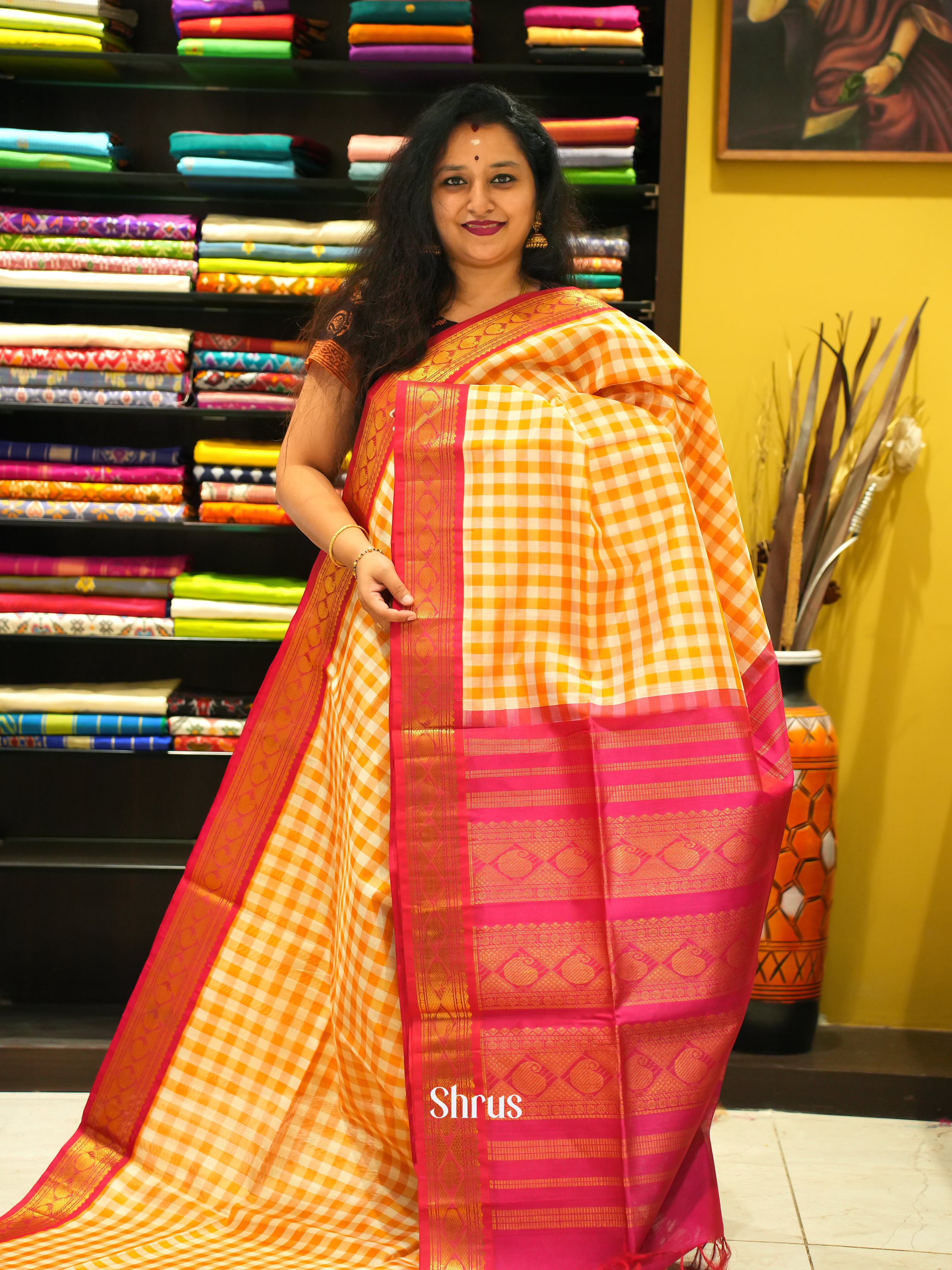 Yellow & Pink - Silk Cotton Saree - Shop on ShrusEternity.com