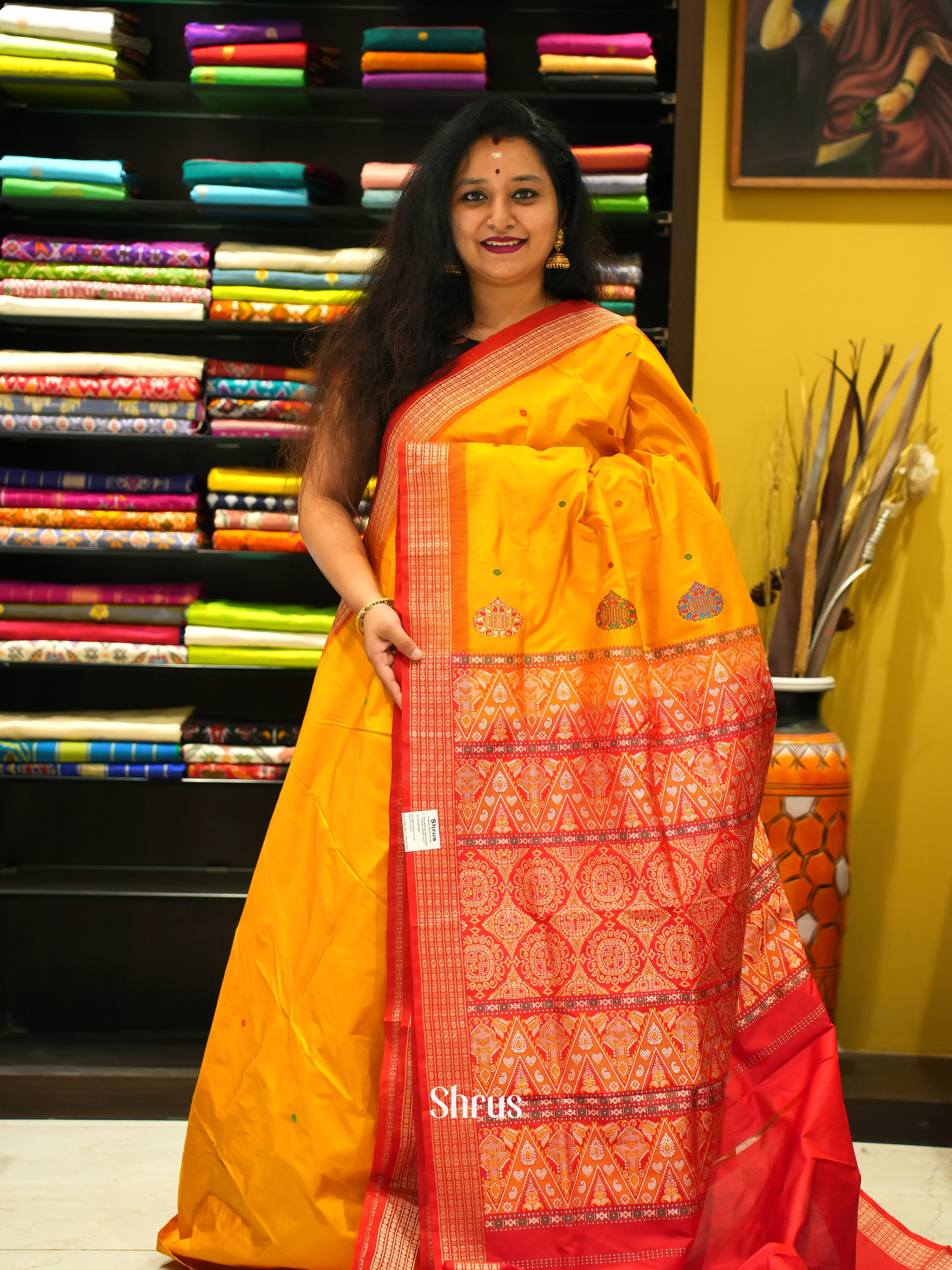 Yellow & Red -Odisha Sambalpuri Soft Silk Saree - Shop on ShrusEternity.com