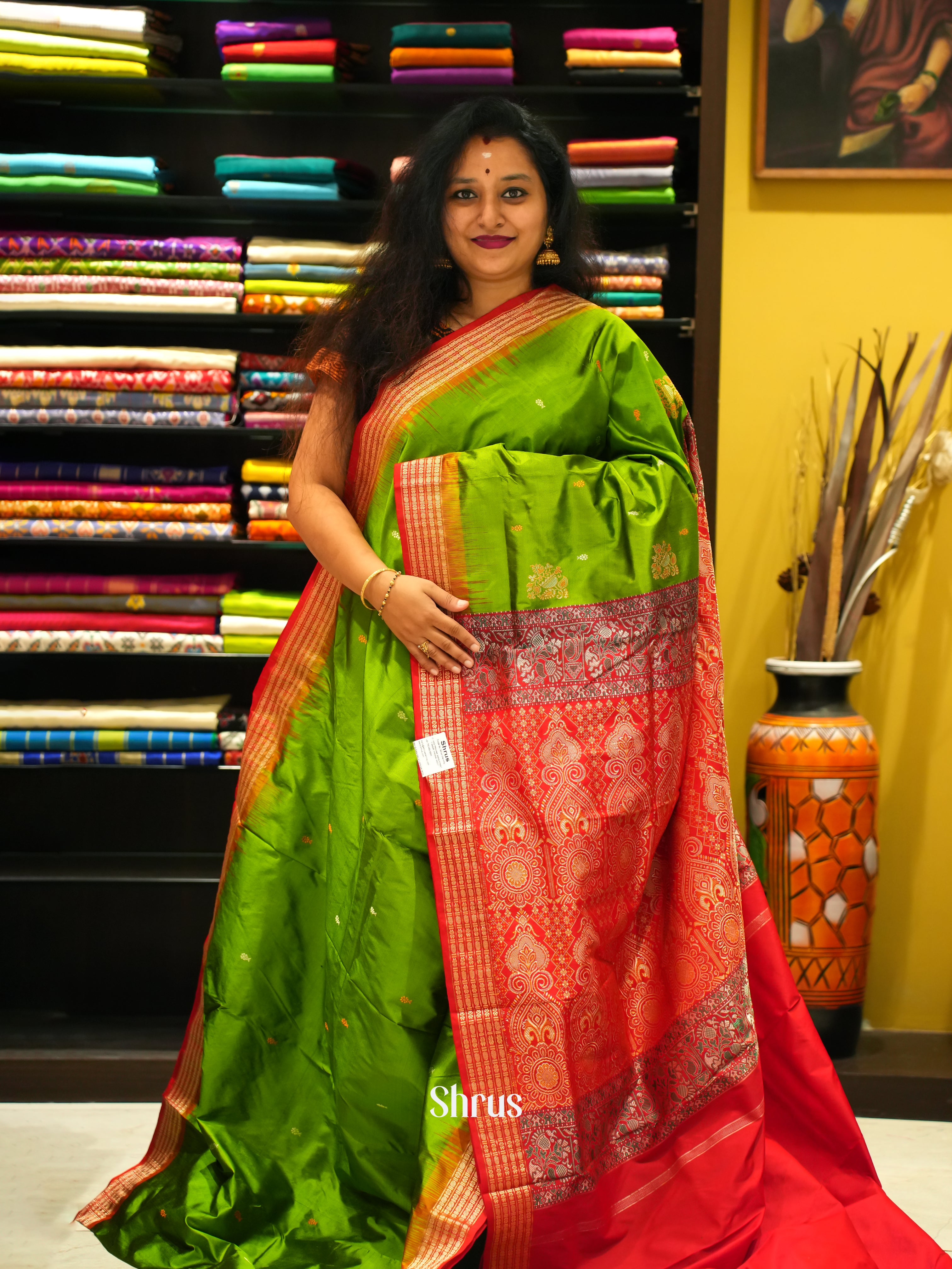 Green & Red -Odisha sambalpuri Soft Silk Saree - Shop on ShrusEternity.com