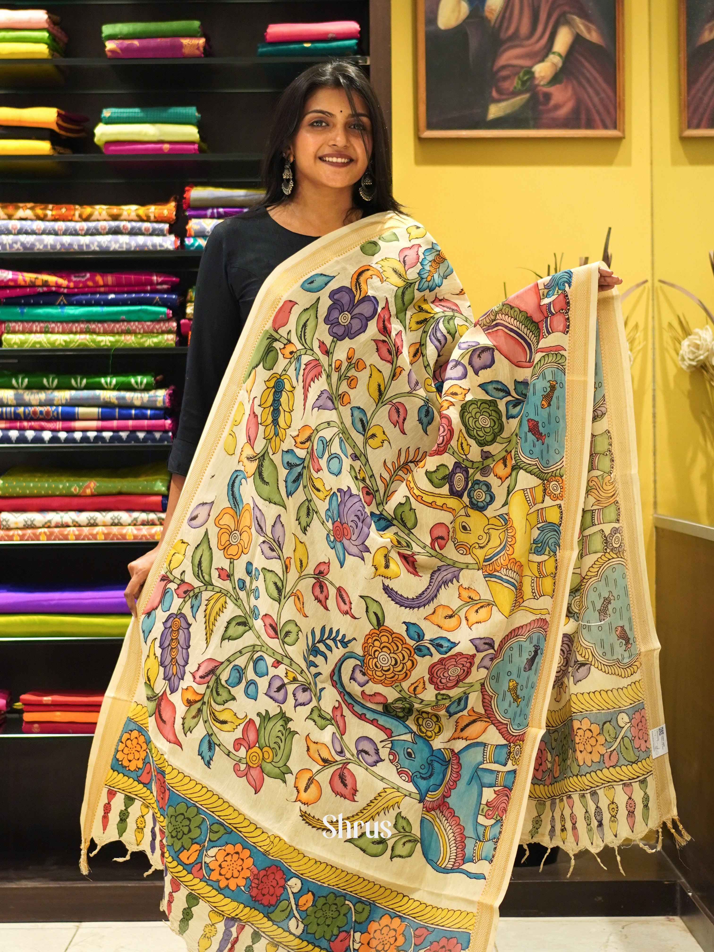Cream - Pen kalamkari Dupatta - Shop on ShrusEternity.com