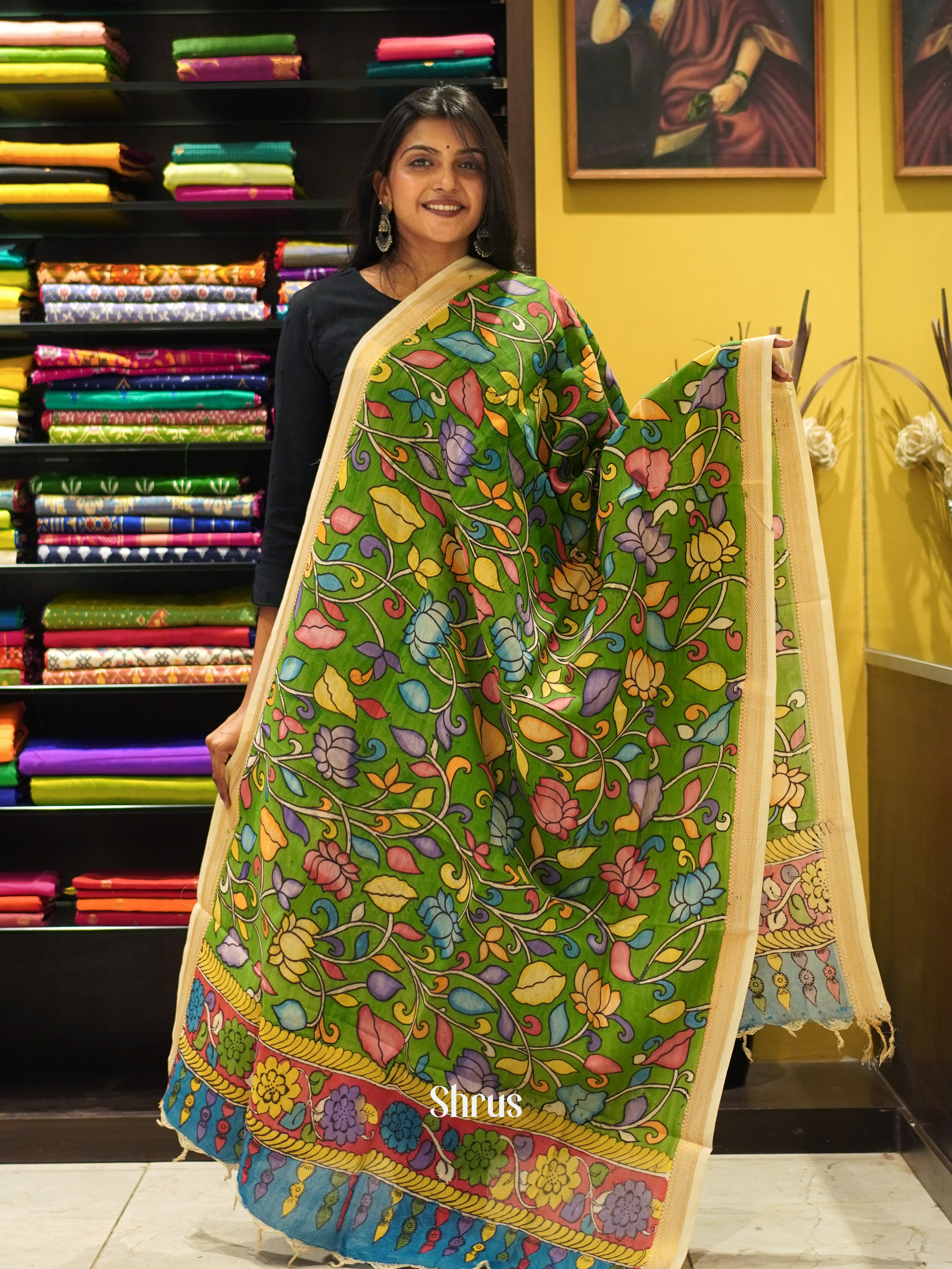 Green & Cream- Pen kalamkari Dupatta - Shop on ShrusEternity.com