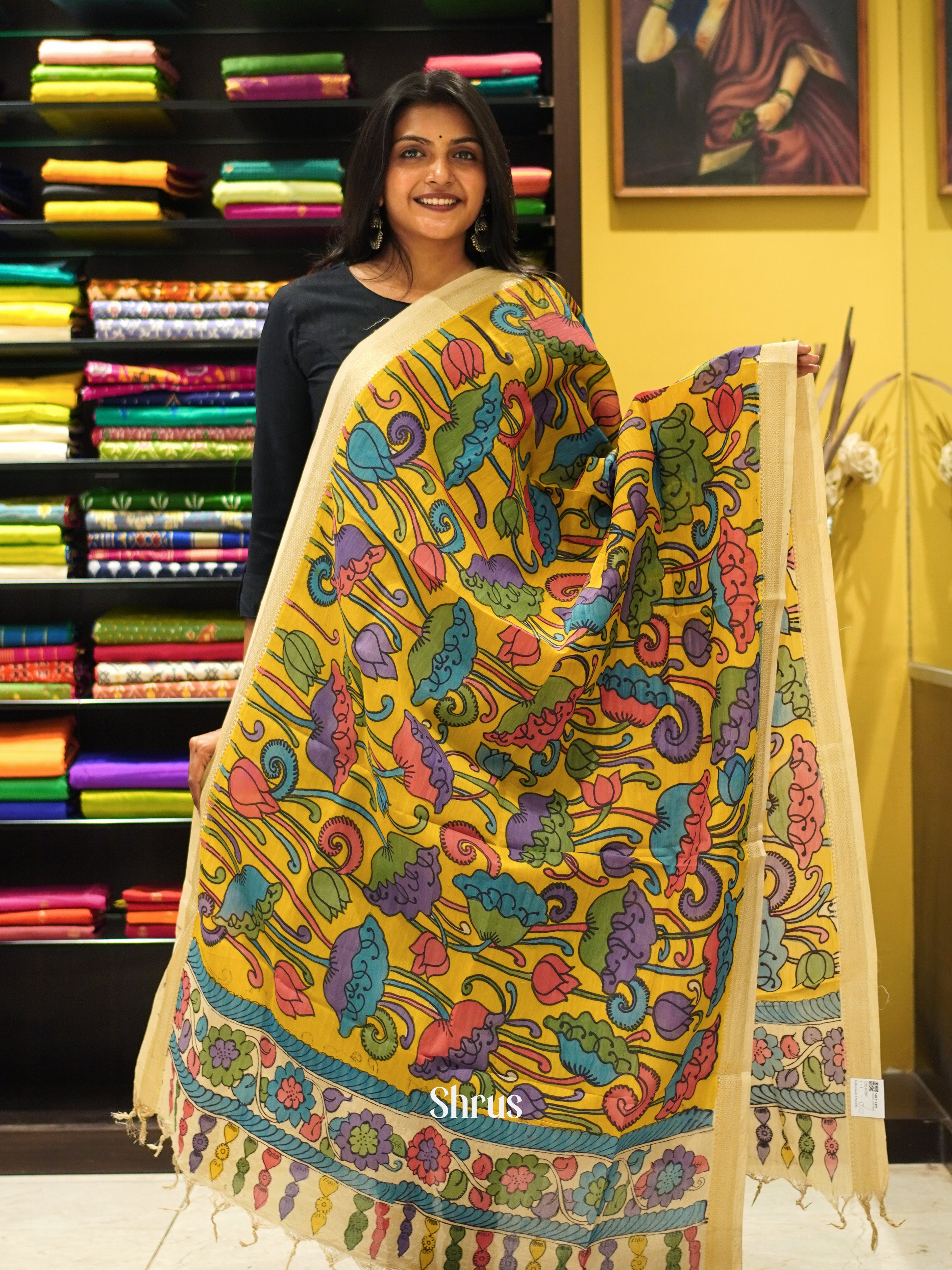 Yellow & Cream - Pen kalamkari Dupatta - Shop on ShrusEternity.com