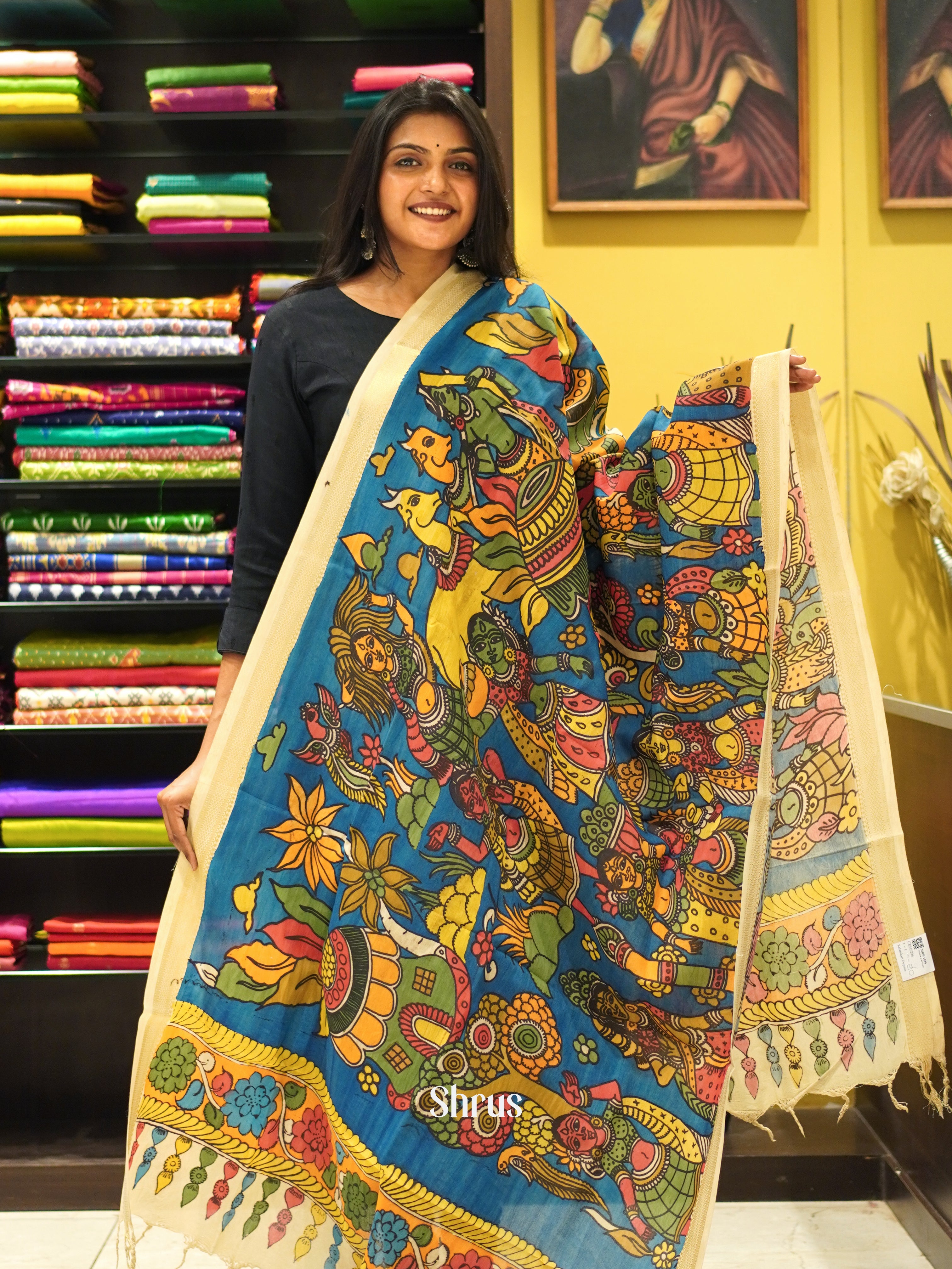 Blue & Cream - Pen kalamkari Dupatta - Shop on ShrusEternity.com