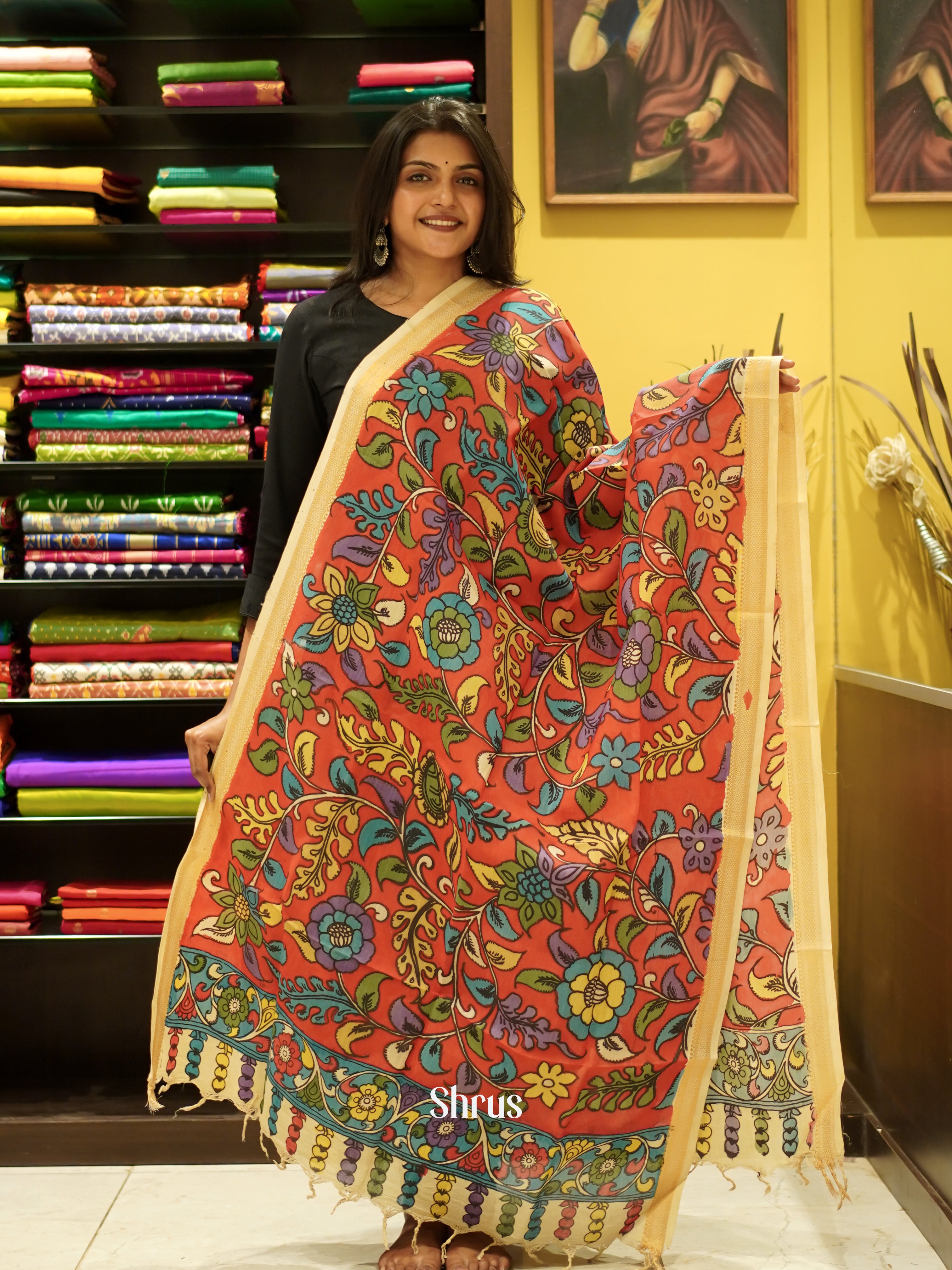 Red & Cream - Pen Kalamkari Dupatta - Shop on ShrusEternity.com