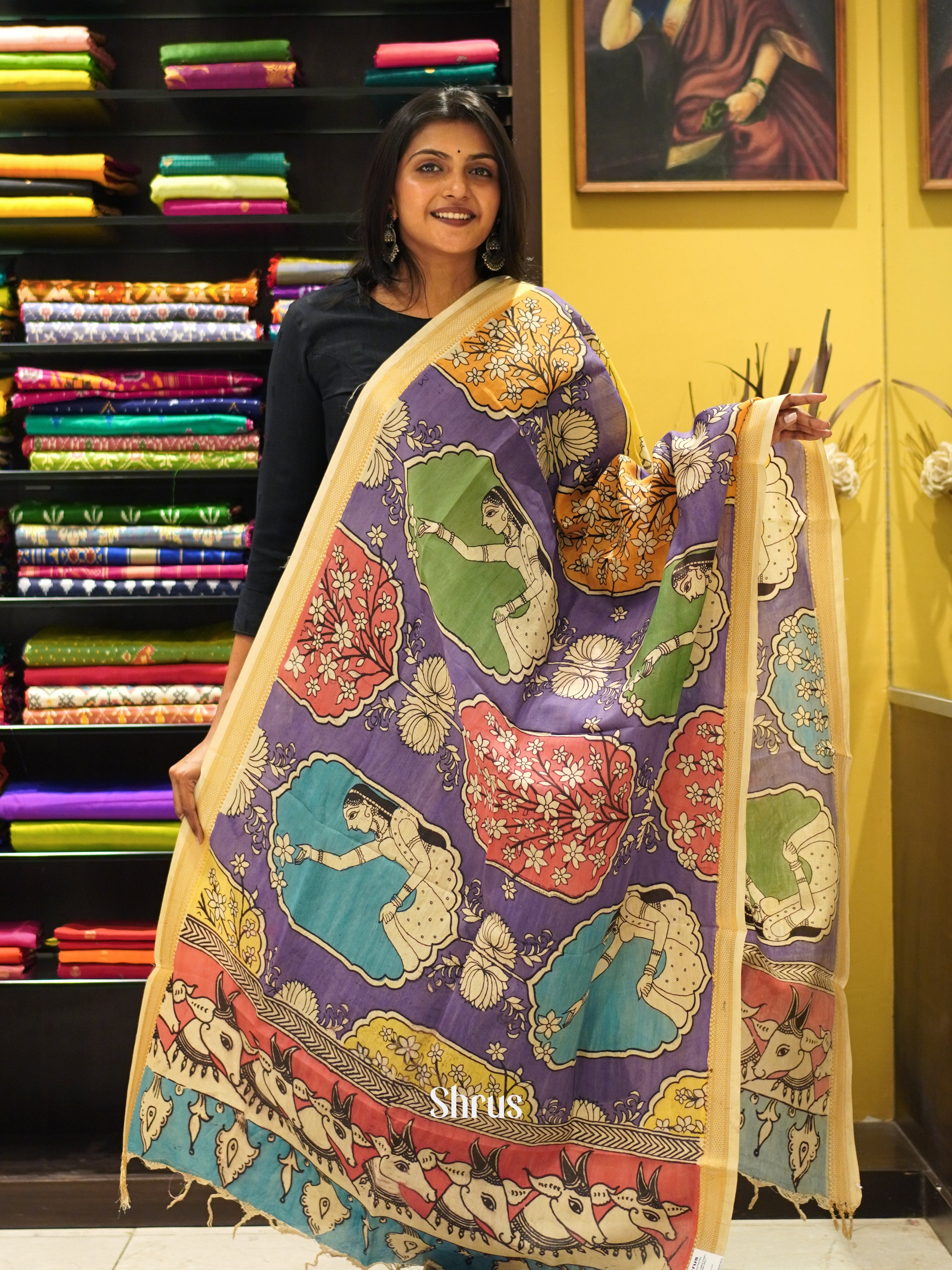 Purple & Cream - Pen kalamkari Dupatta - Shop on ShrusEternity.com