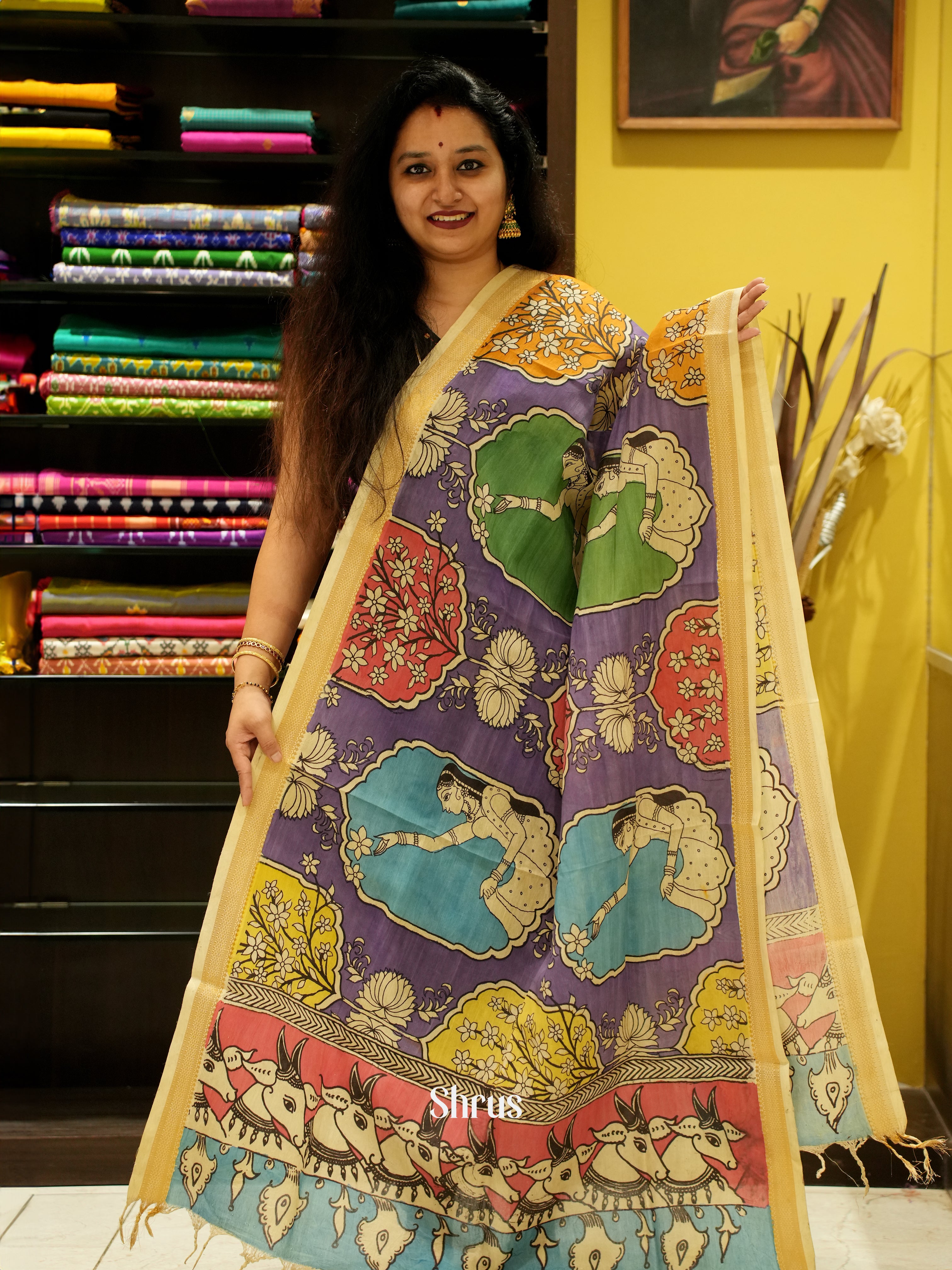 Violet - Pen kalamkari Dupatta - Shop on ShrusEternity.com