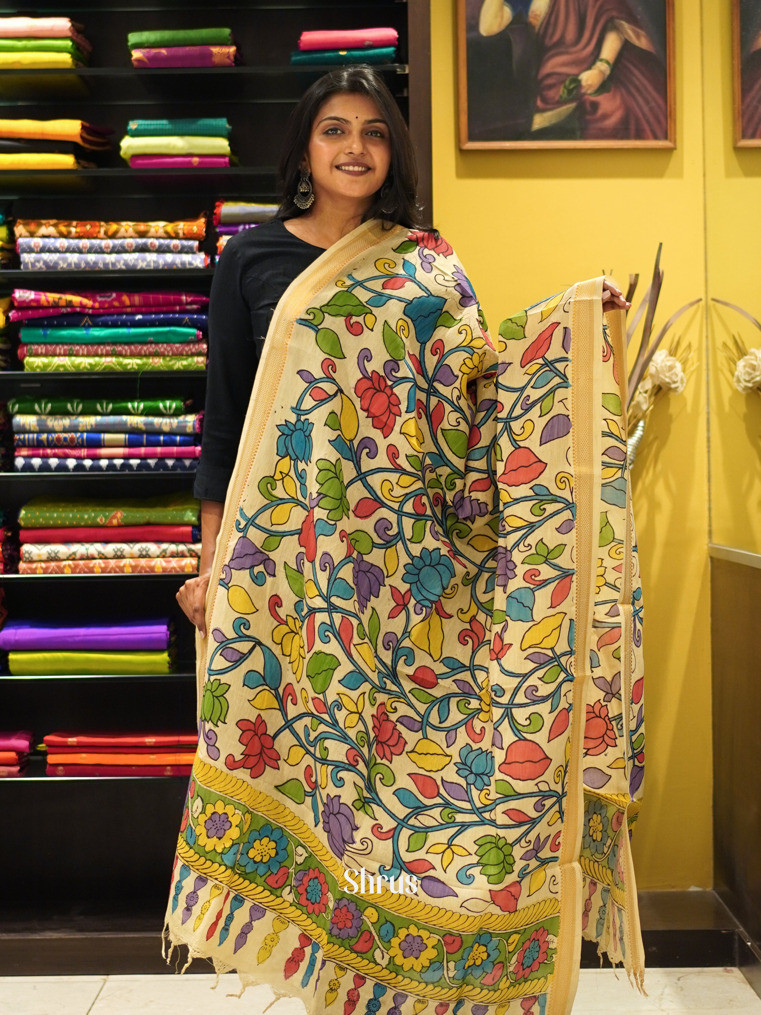 Cream - Penkalamkari Dupatta - Shop on ShrusEternity.com