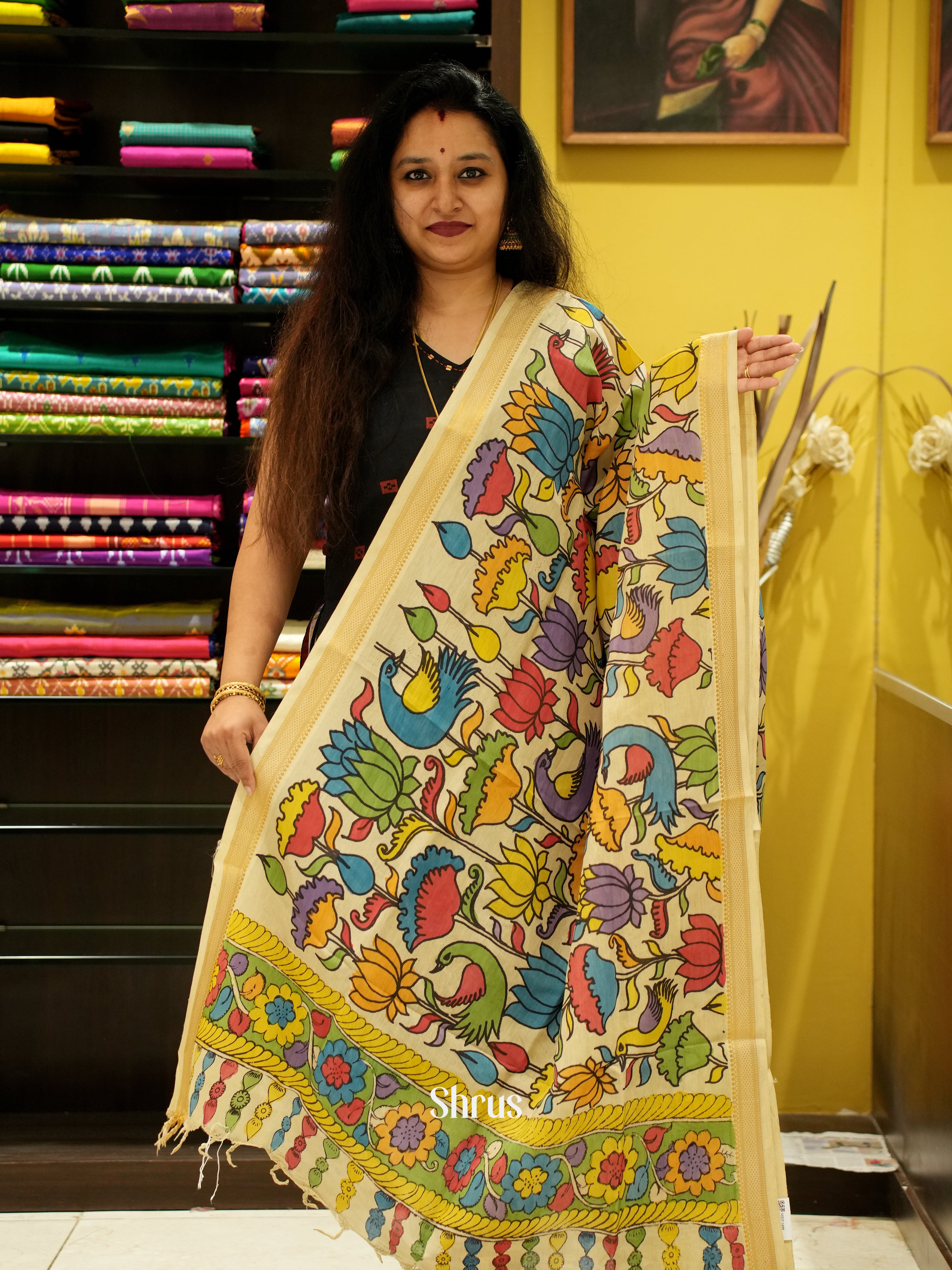 Cream - Pen kalamkari Dupatta - Shop on ShrusEternity.com
