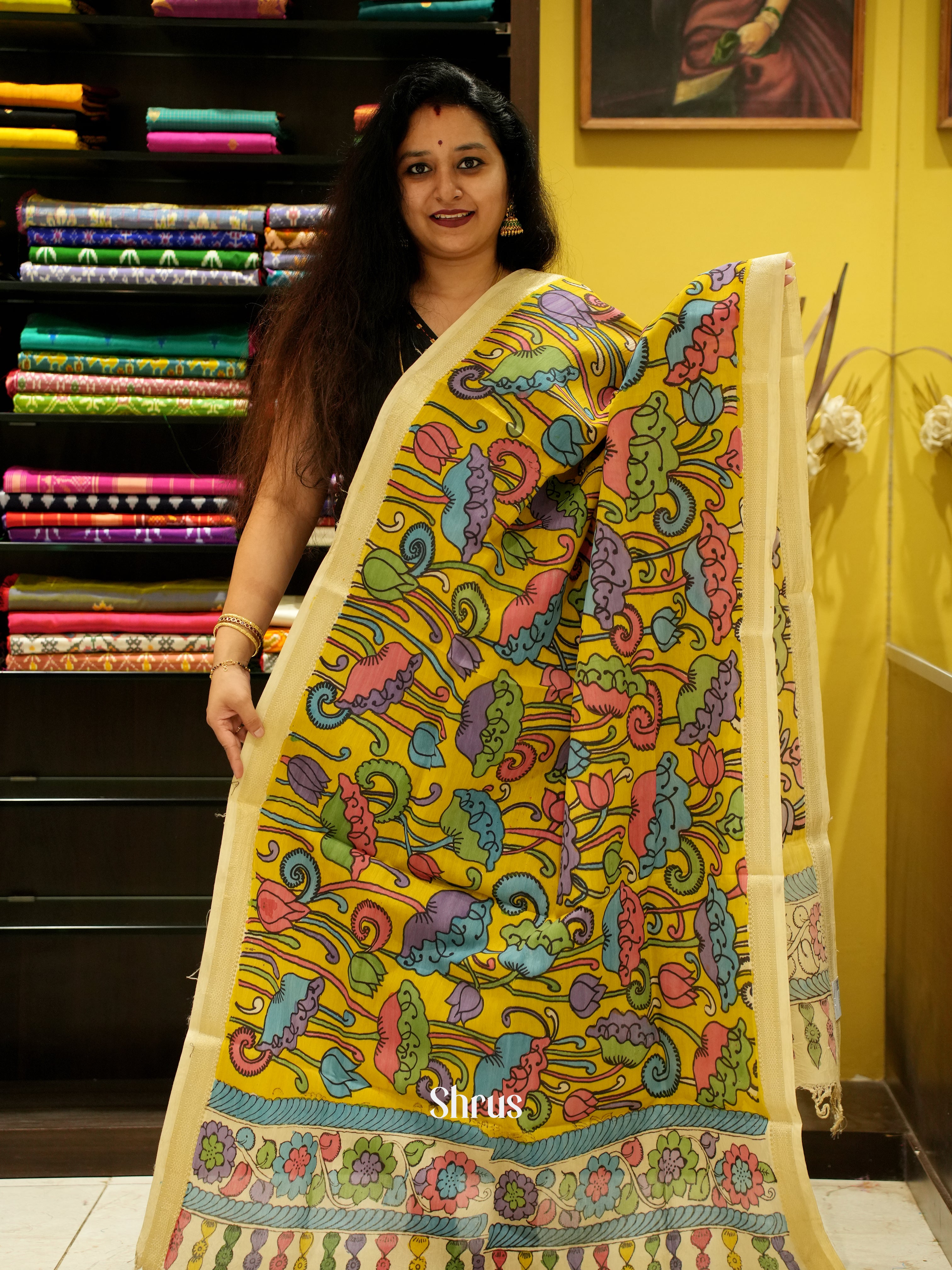 Mustard - Pen kalamkari Dupatta - Shop on ShrusEternity.com