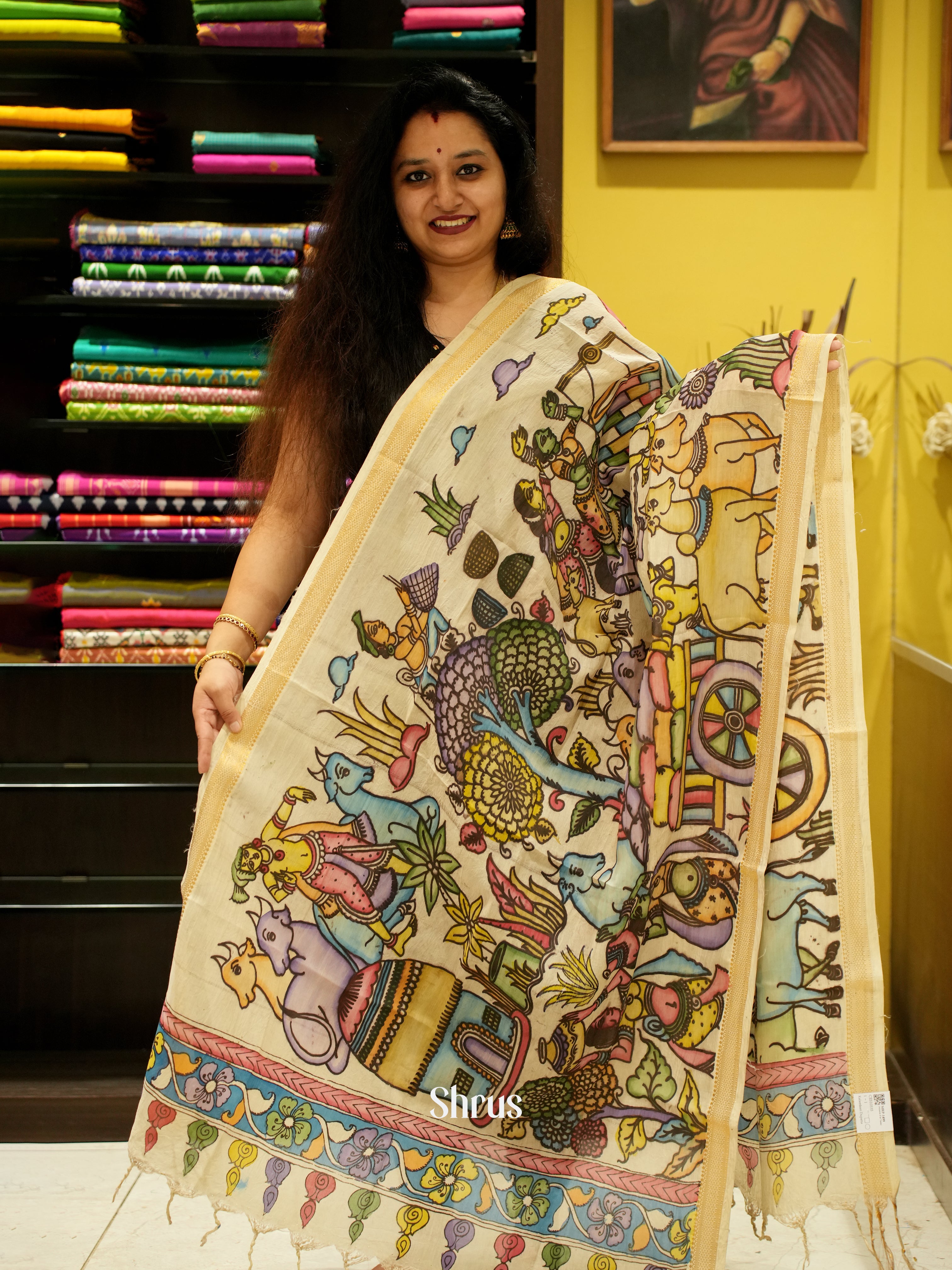 Cream - Pen kalamkari Dupatta - Shop on ShrusEternity.com