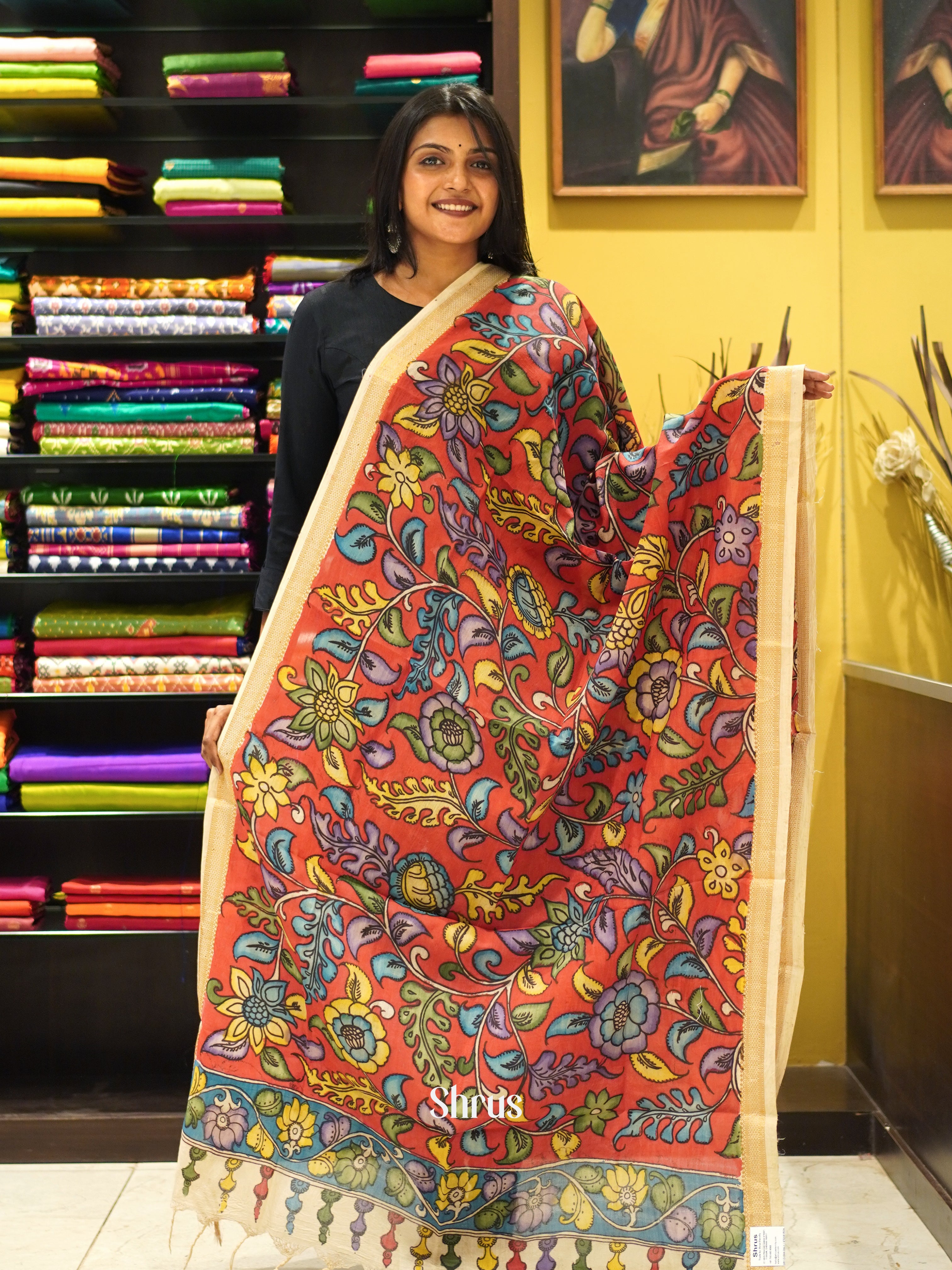 Red & Cream - Pen kalamkari Dupatta - Shop on ShrusEternity.com