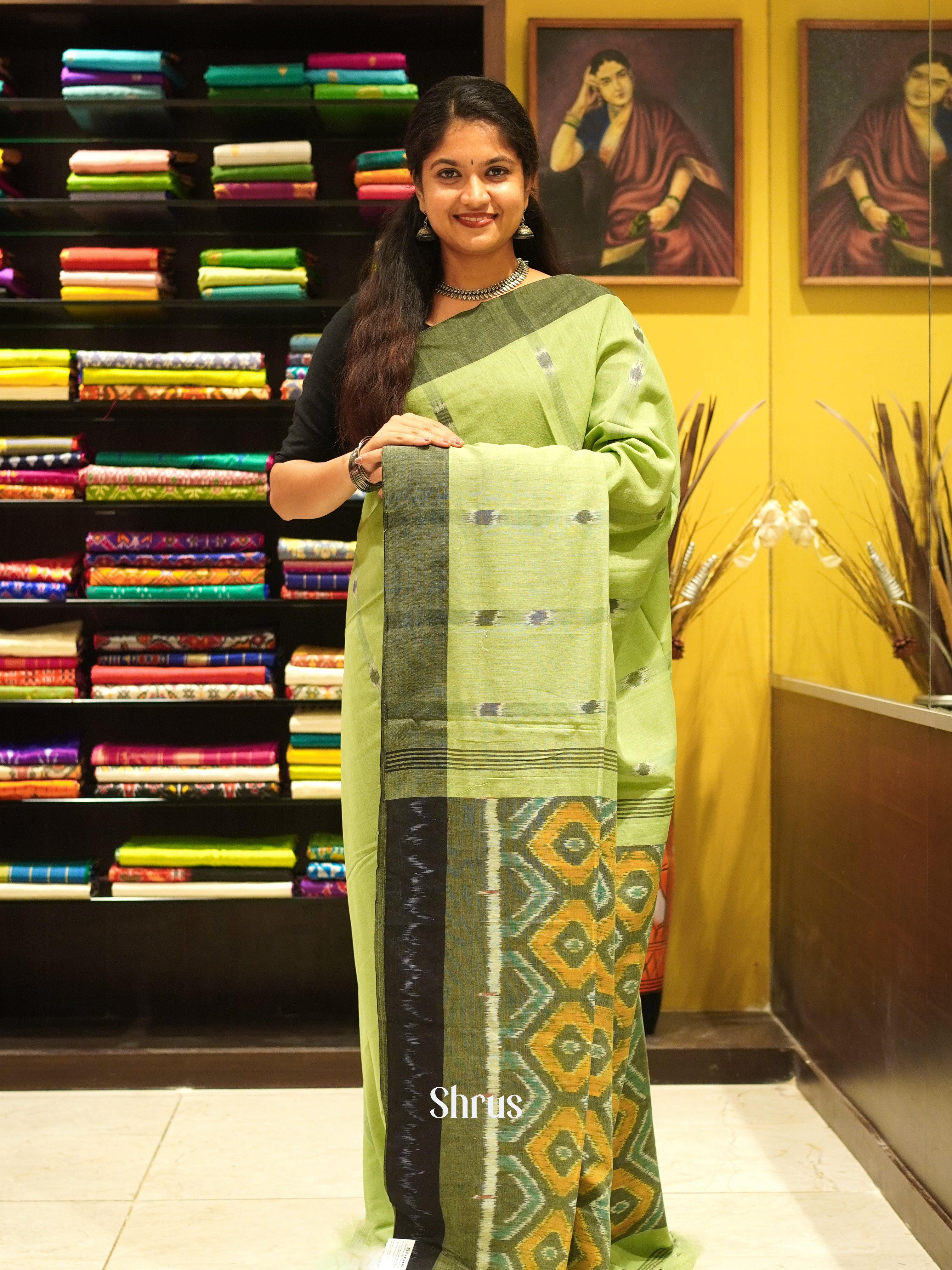 Green & Grey Green- Bengal cotton Saree - Shop on ShrusEternity.com