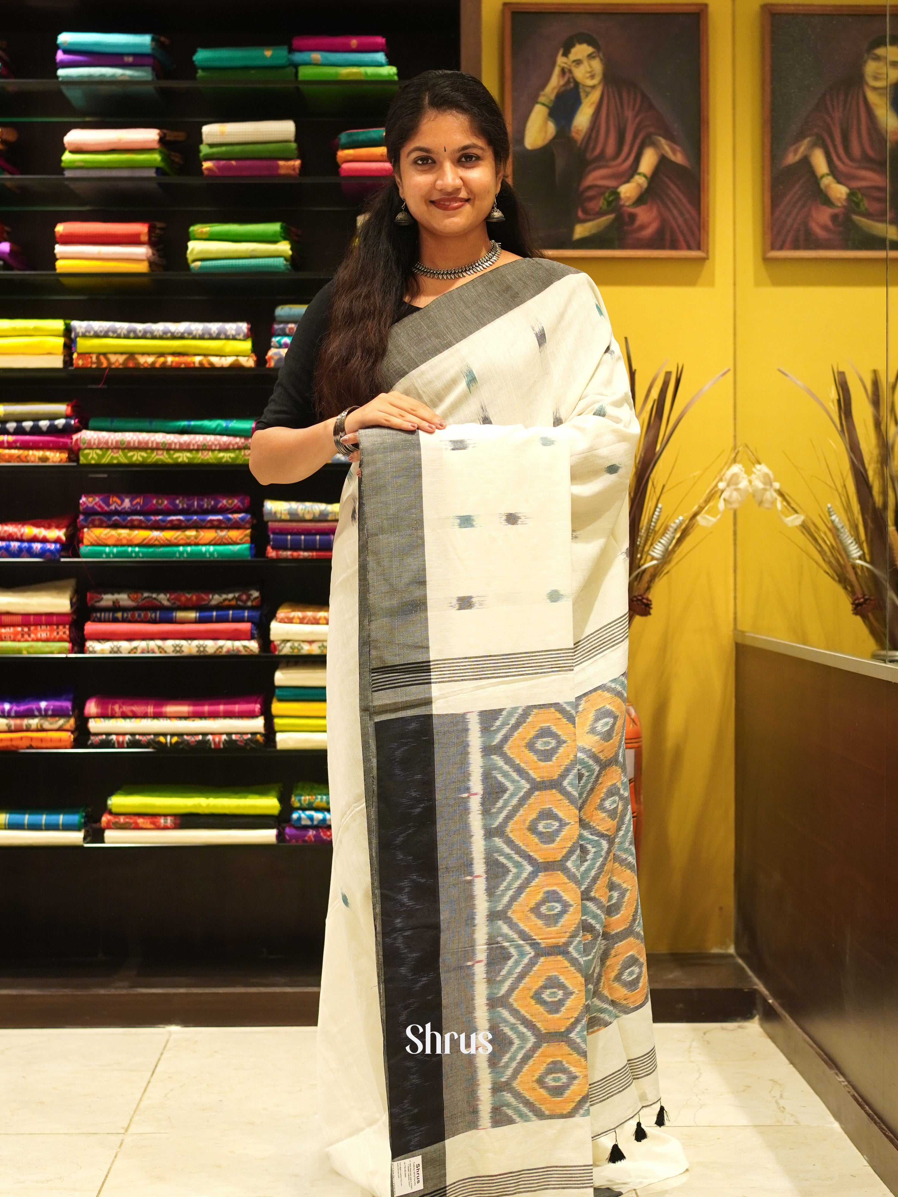 Cream & Grey - Bengal cotton Saree - Shop on ShrusEternity.com