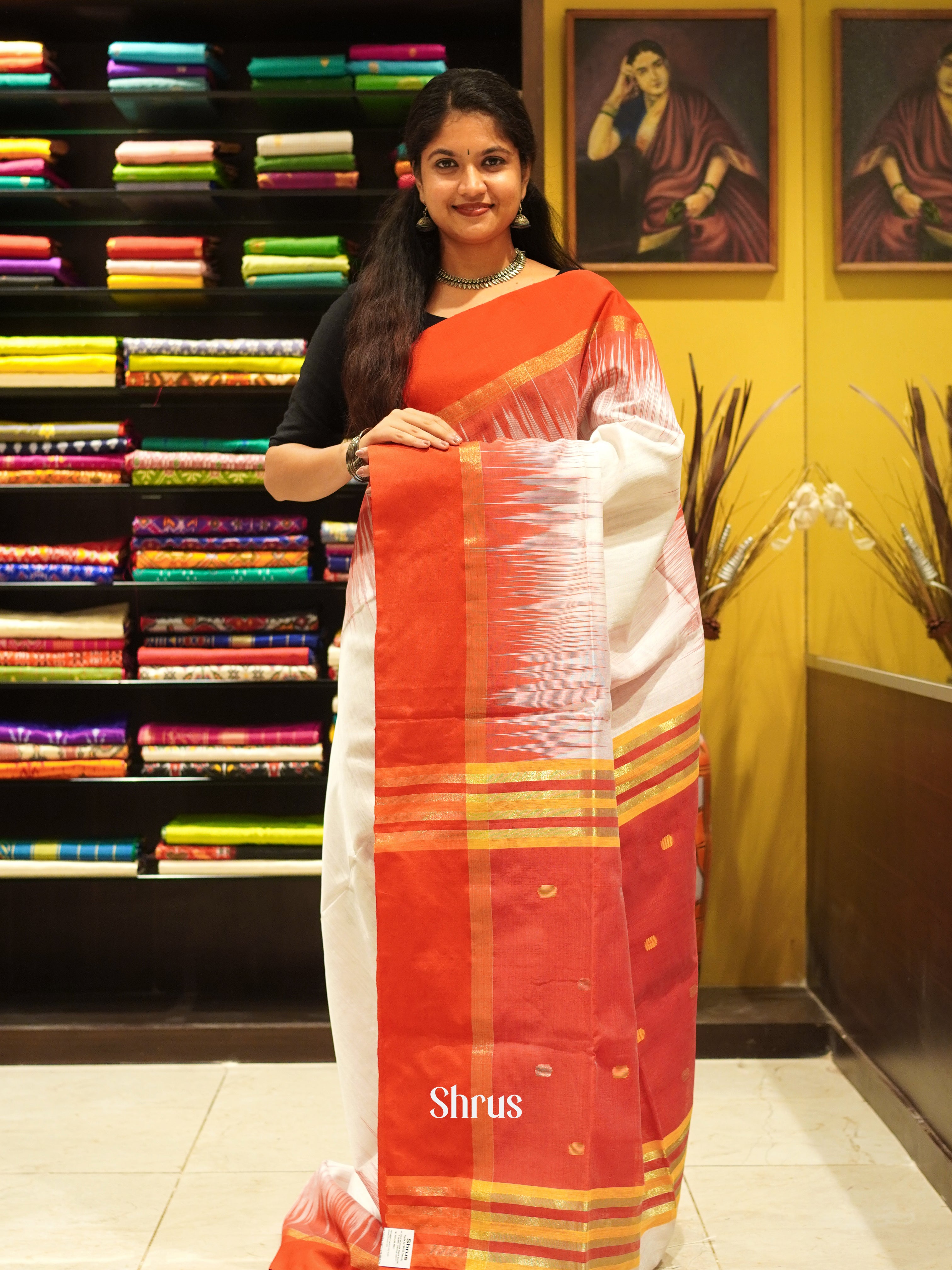 Cream & Red - Bengal cotton Saree - Shop on ShrusEternity.com