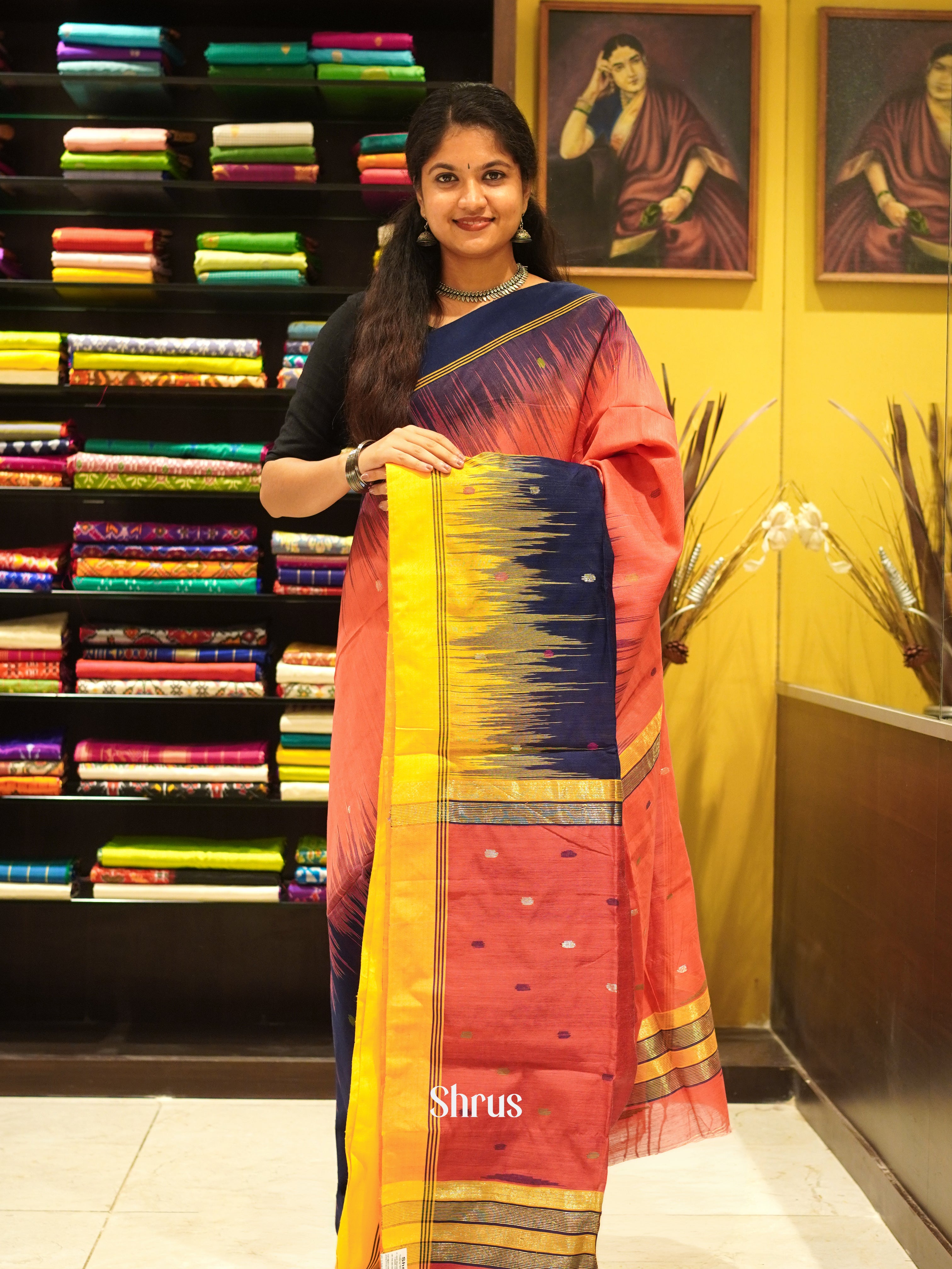 Peach & Blue - Bengal cotton Saree - Shop on ShrusEternity.com