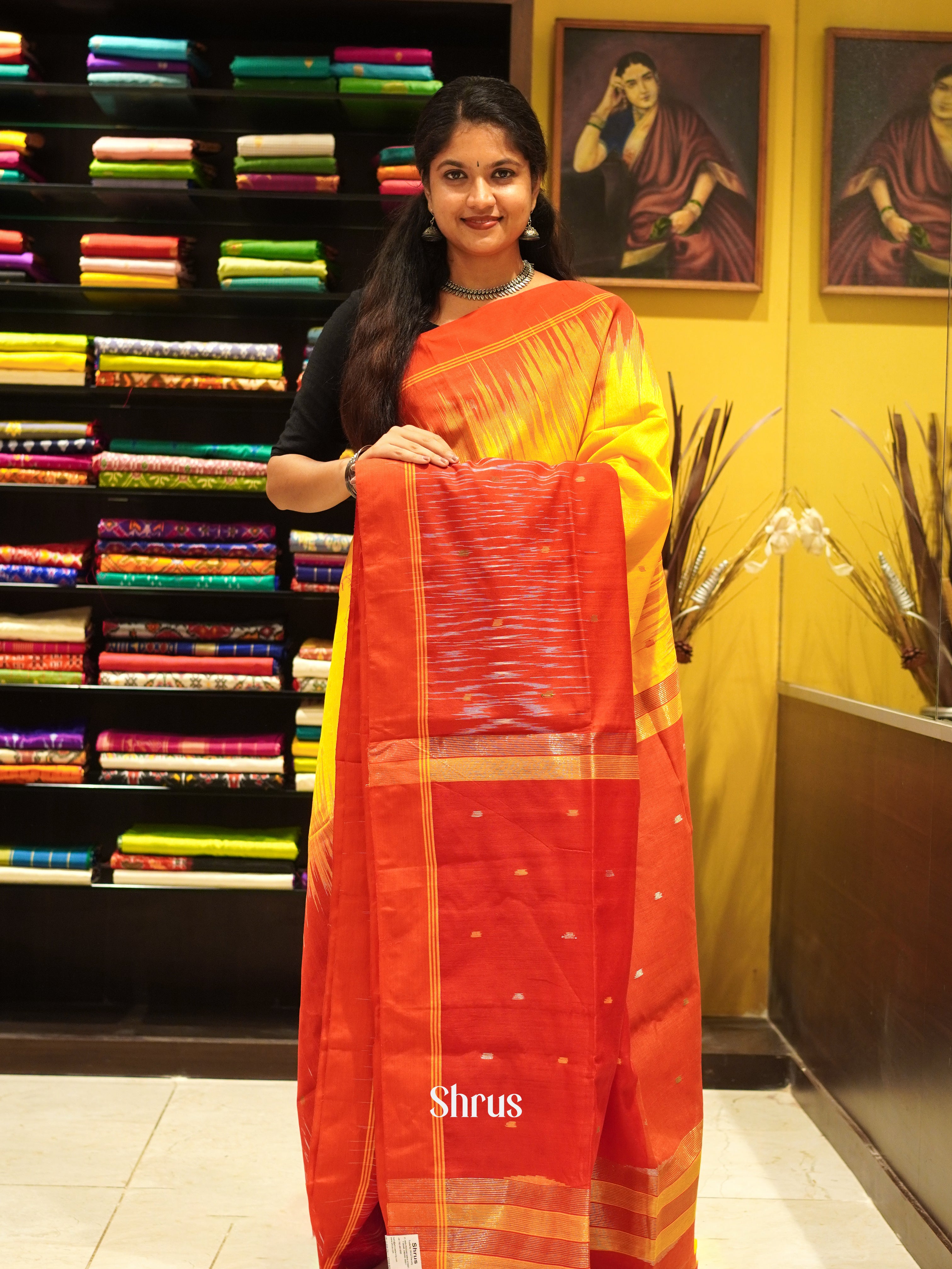 Yellow & Red - Bengal cotton Saree - Shop on ShrusEternity.com