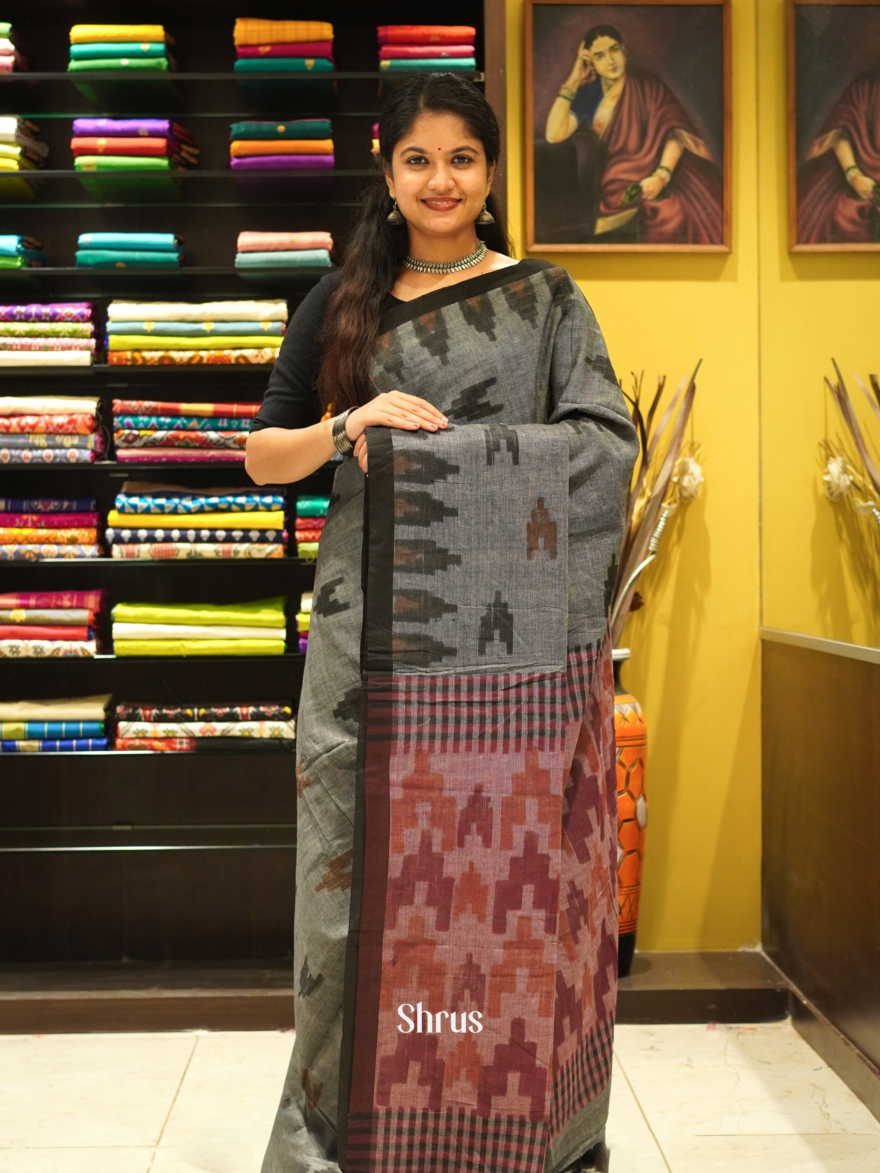 Grey & Black - Semi Ikkat Saree - Shop on ShrusEternity.com