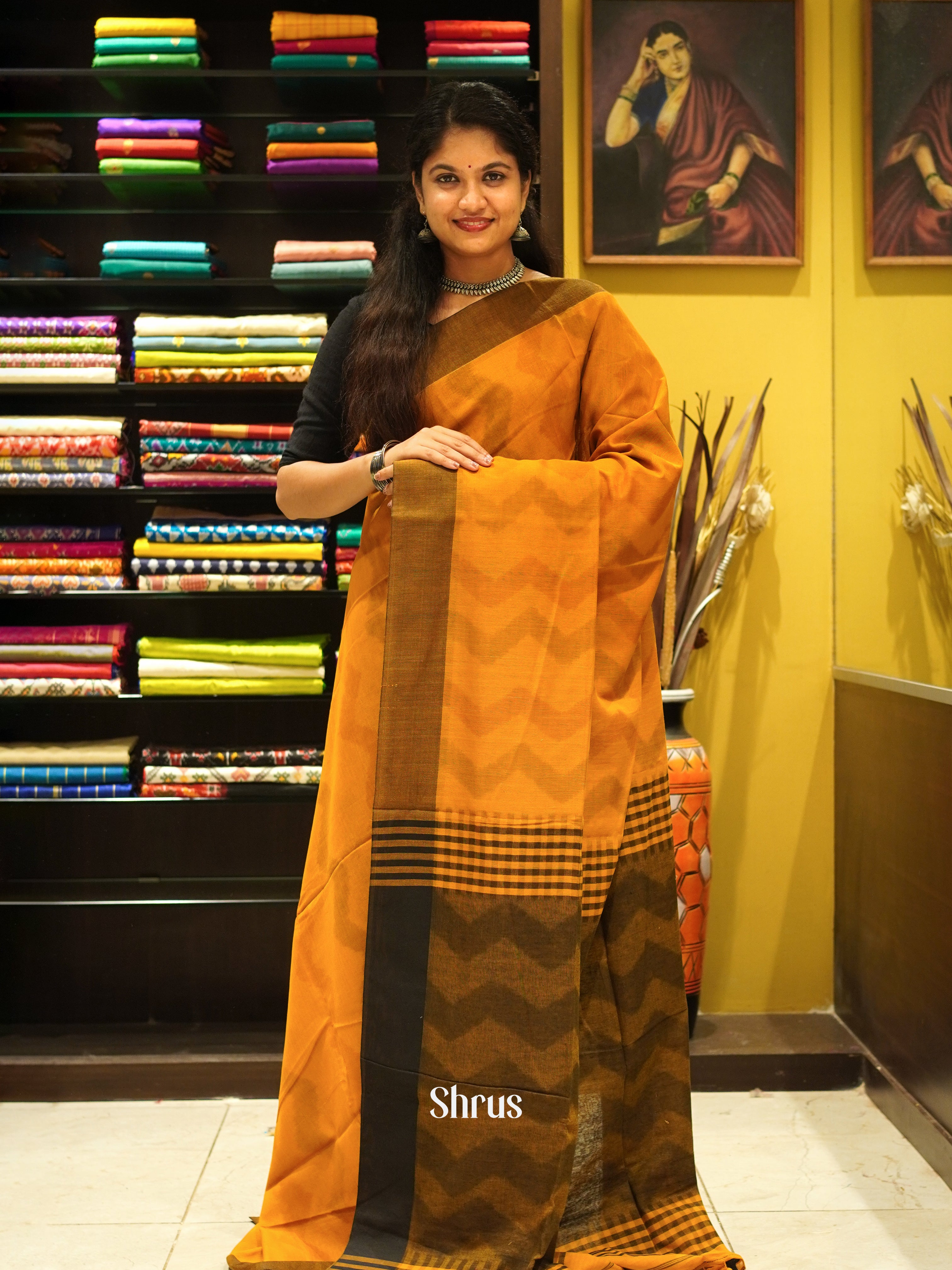 Orange & Black - Semi Ikkat Saree - Shop on ShrusEternity.com