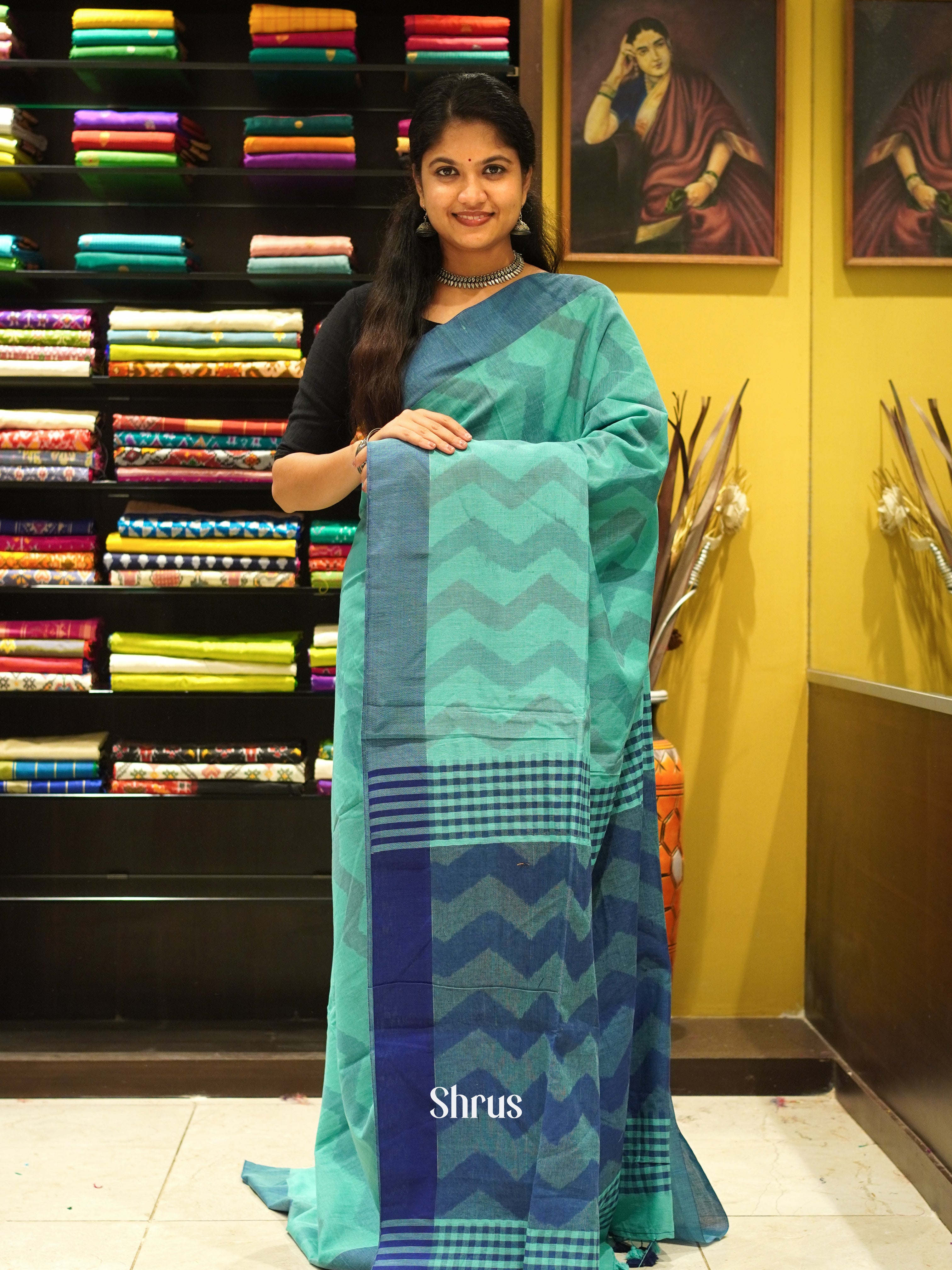 Green & Blue - Semi Ikkat Saree - Shop on ShrusEternity.com