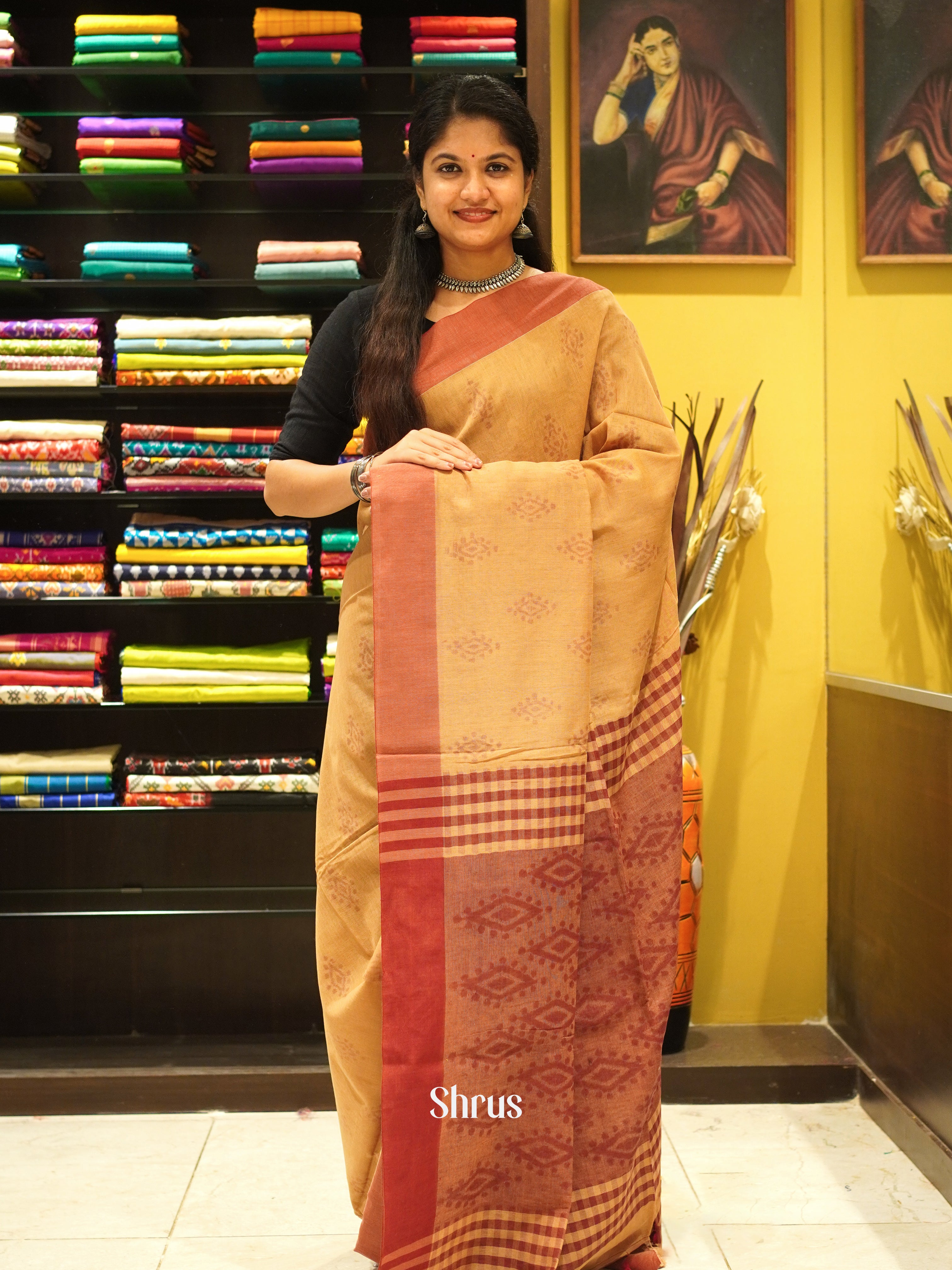 Light Brown & Red - Semi Ikkat saree - Shop on ShrusEternity.com