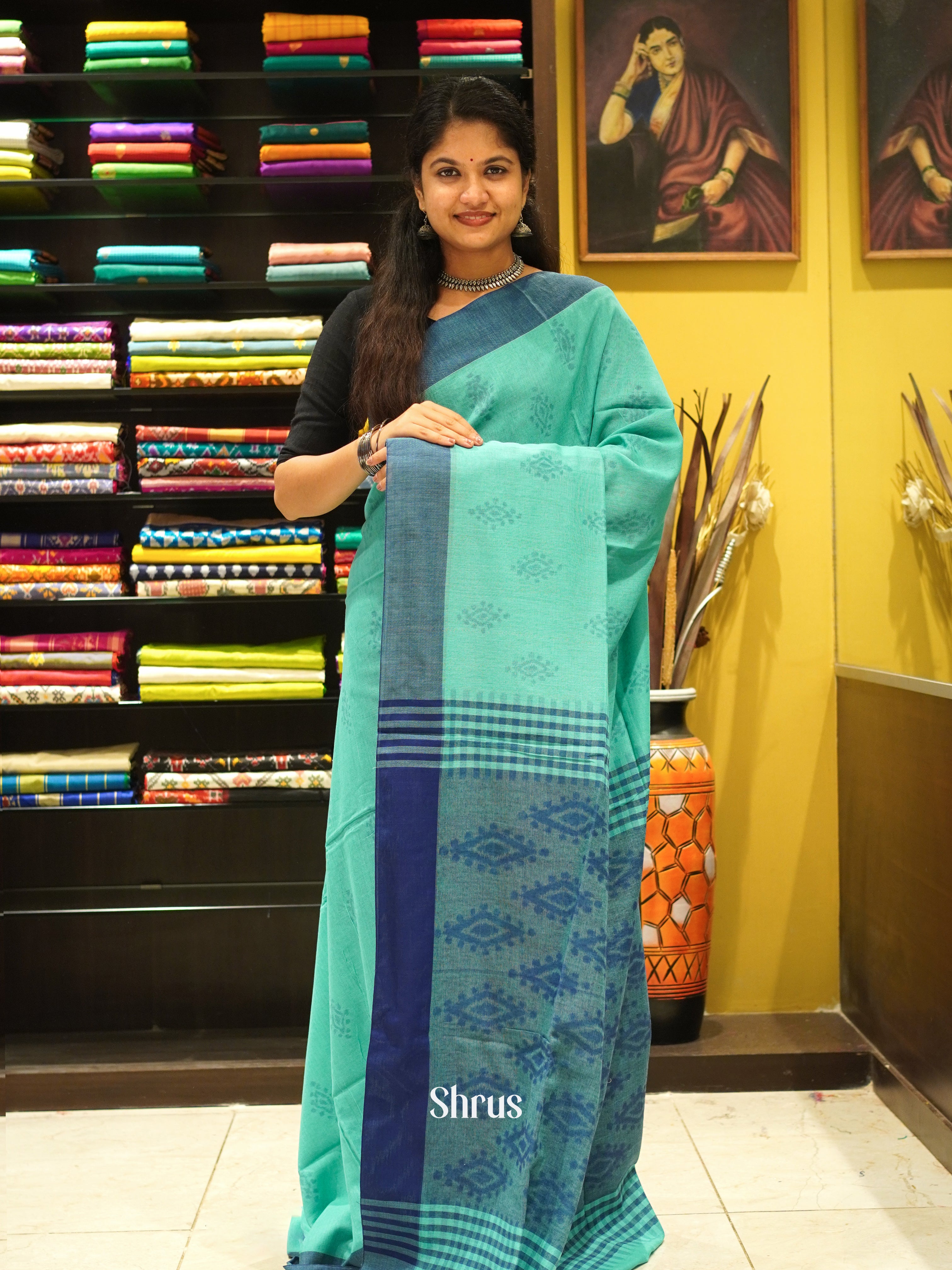 Green & Blue - Semi Ikkat saree - Shop on ShrusEternity.com