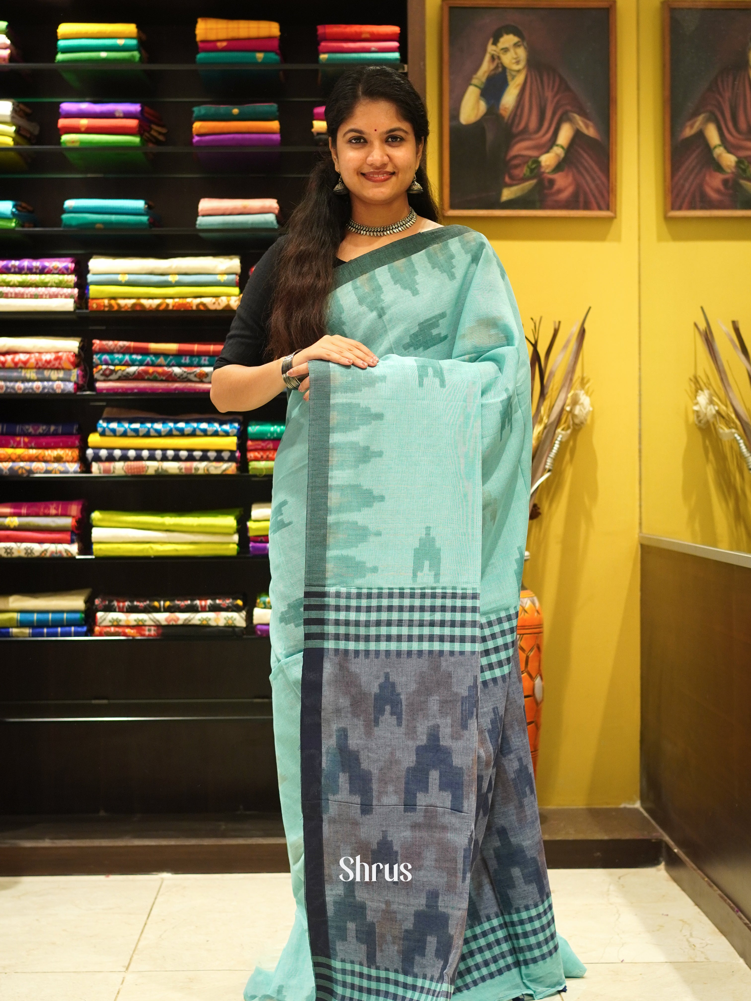 Ice Green & Grey - Semi Ikkat saree - Shop on ShrusEternity.com