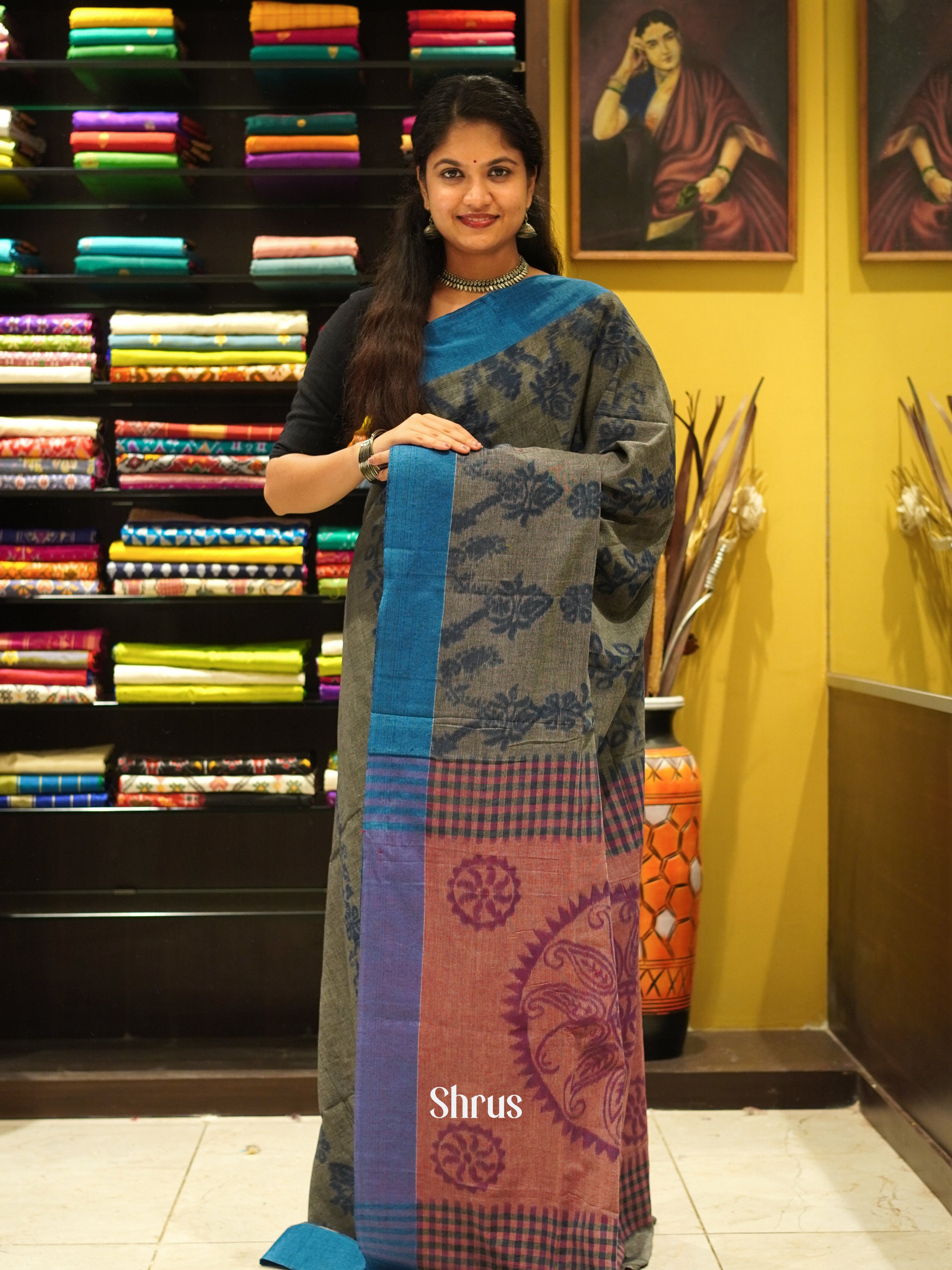 Grey & Blue - Semi Ikkat saree - Shop on ShrusEternity.com