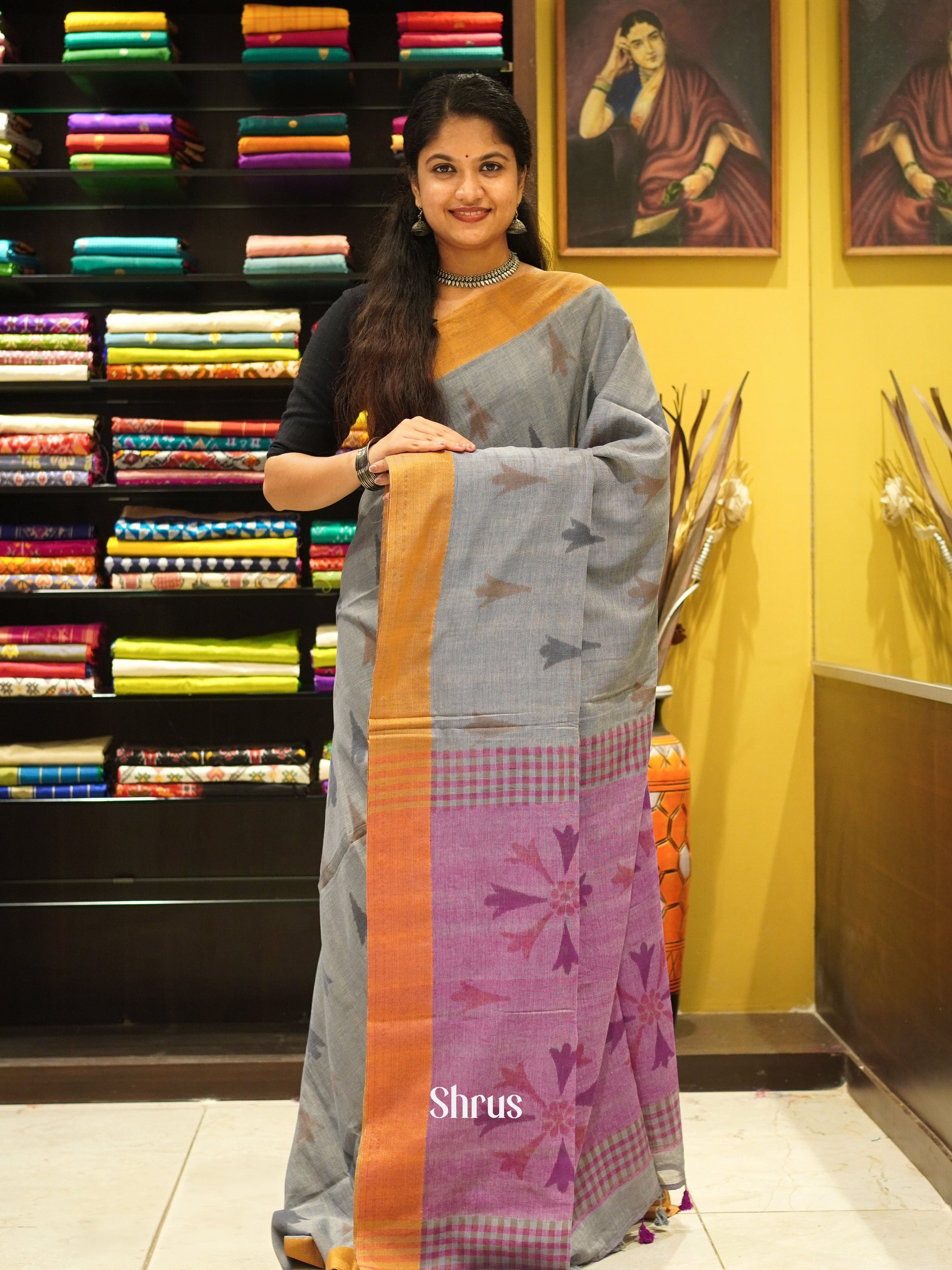 Grey & Pink - Semi Ikkat Saree - Shop on ShrusEternity.com