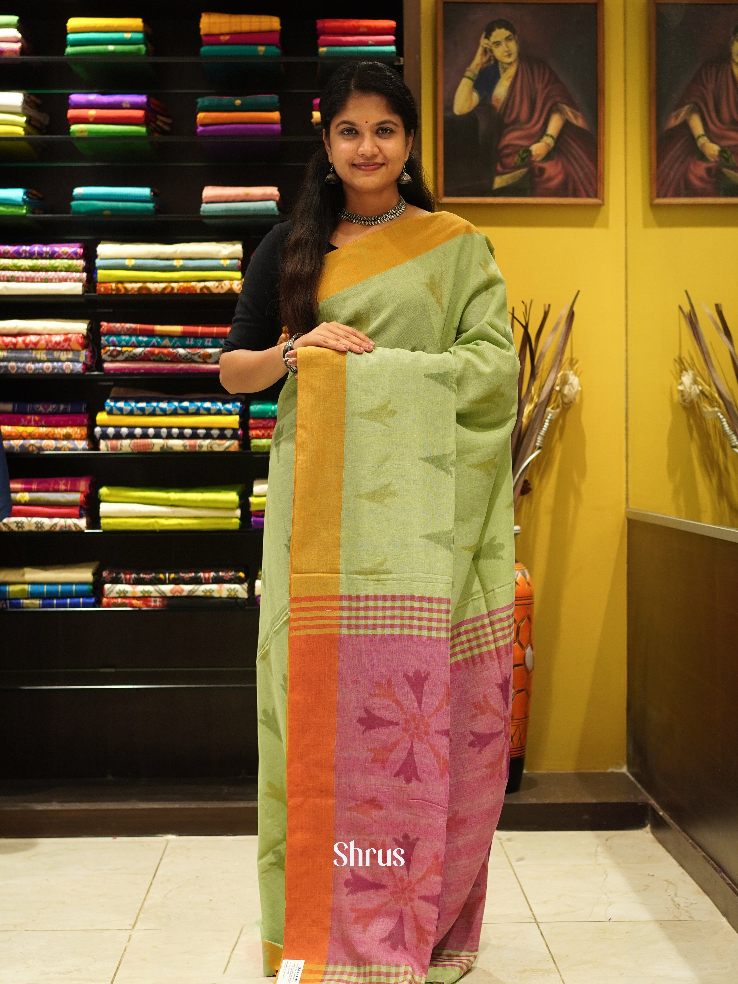 Green & Orange - Semi Ikkat Saree - Shop on ShrusEternity.com