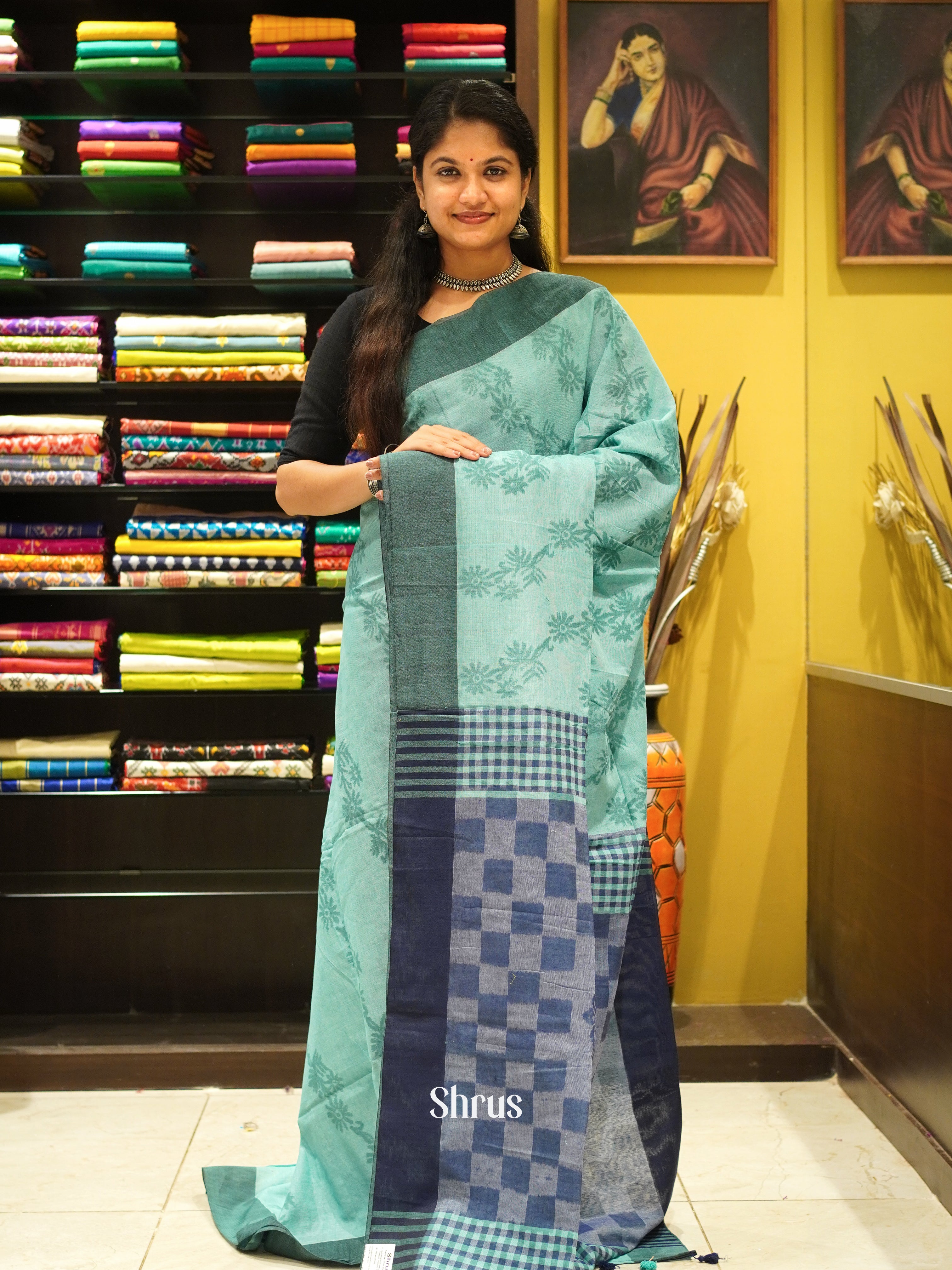 Green & Blue - Semi Ikkat Saree - Shop on ShrusEternity.com