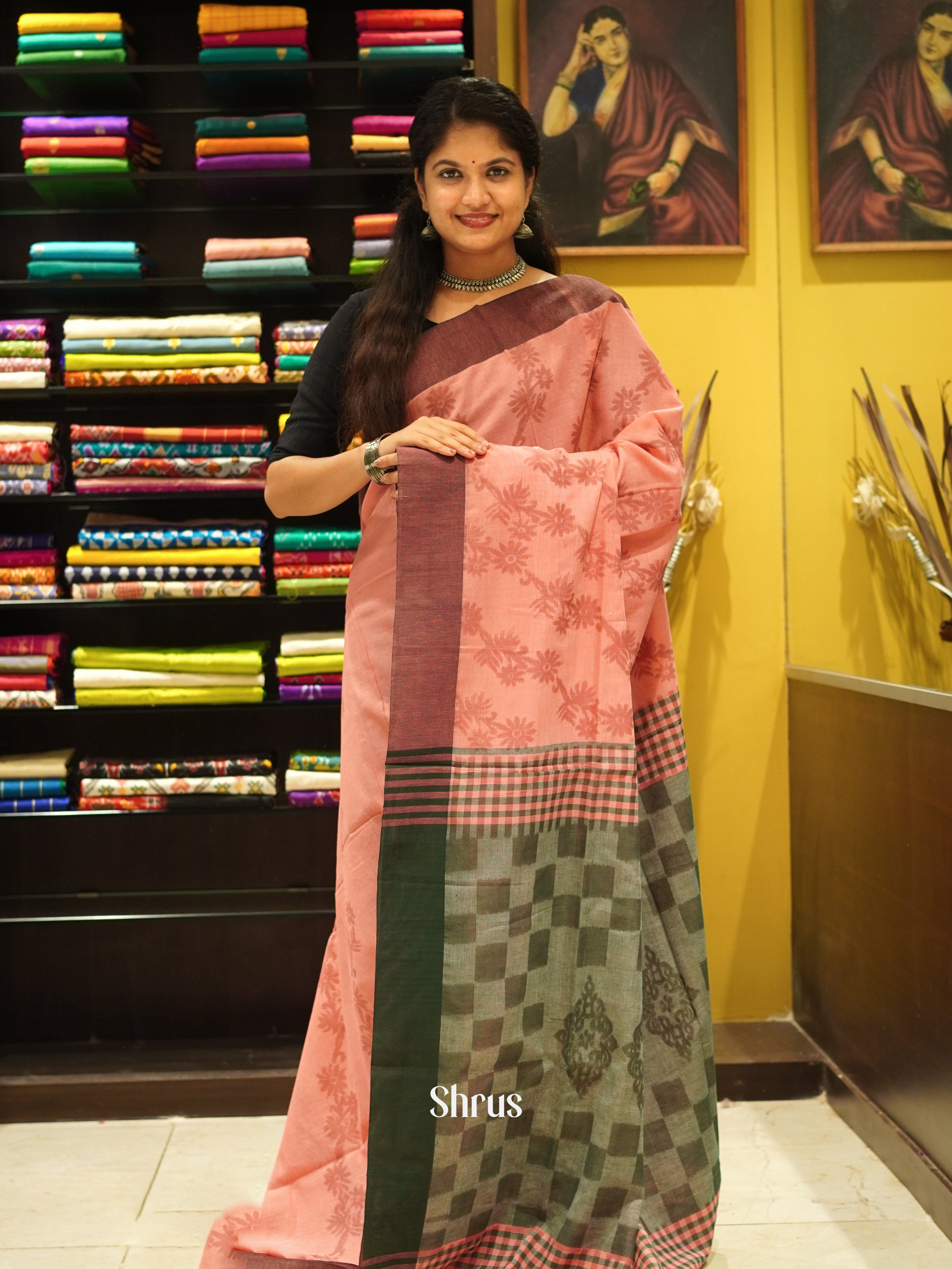 Peachish Pink & Green - Semi Ikkat Saree - Shop on ShrusEternity.com
