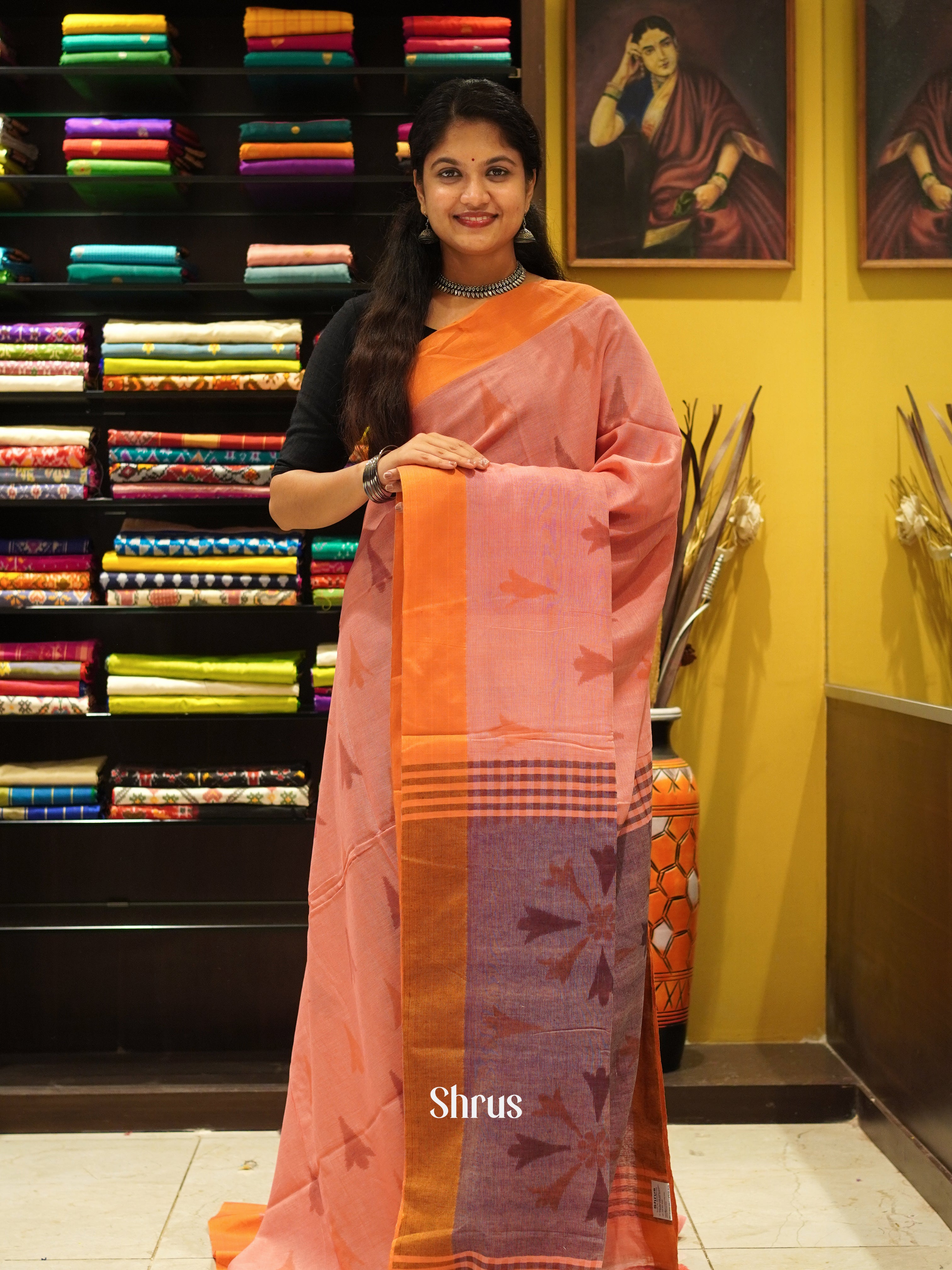 Peach & Orange - Semi Ikkat Saree - Shop on ShrusEternity.com